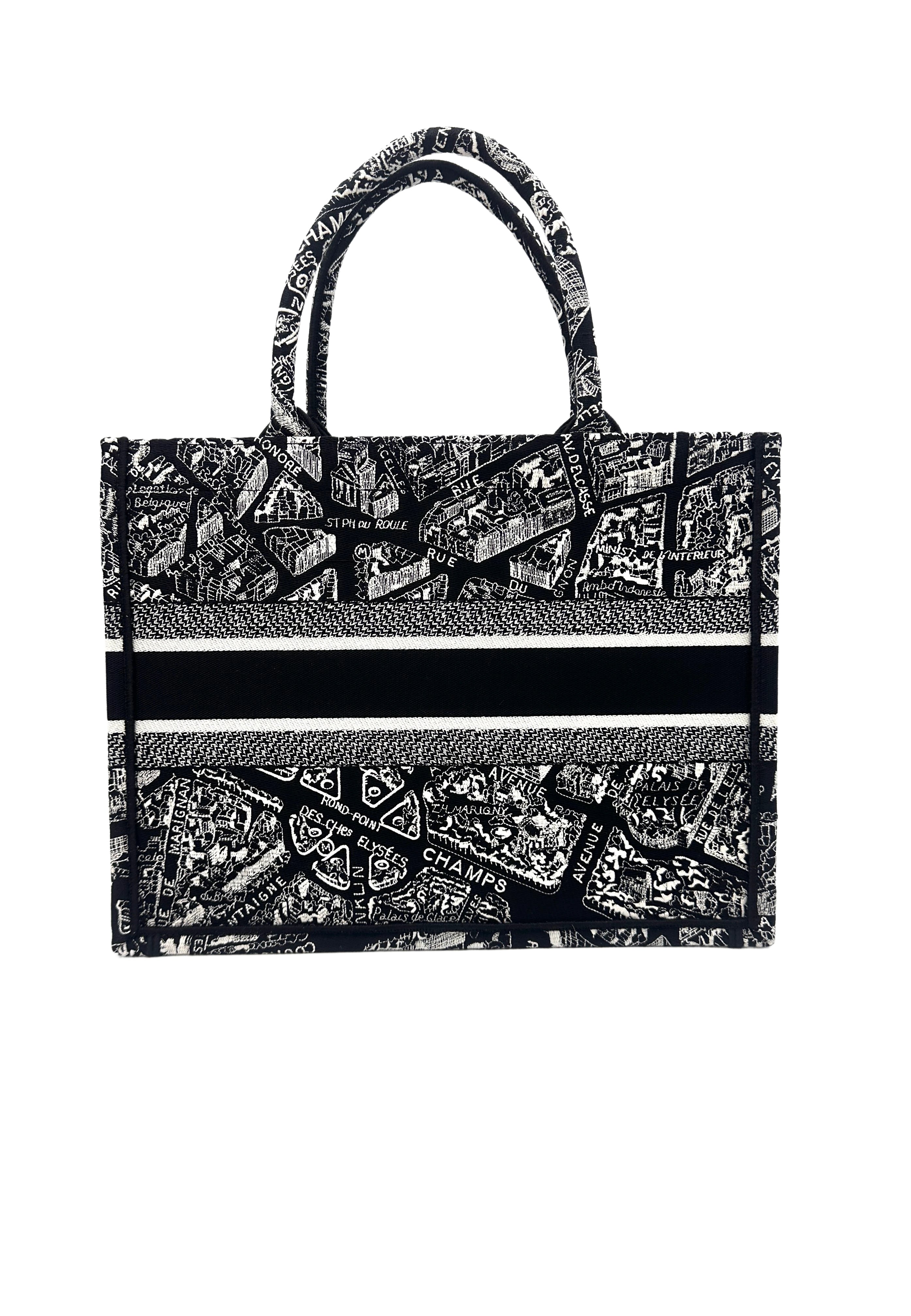 Christian Dior Black and White Plan de Paris  Embroidery Medium Book Tote Bag Black DRF
