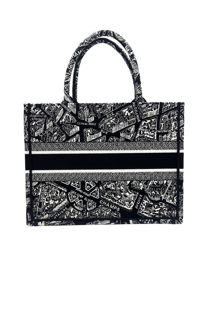 Christian Dior Black and White Plan de Paris  Embroidery Medium Book Tote Bag Black DRF