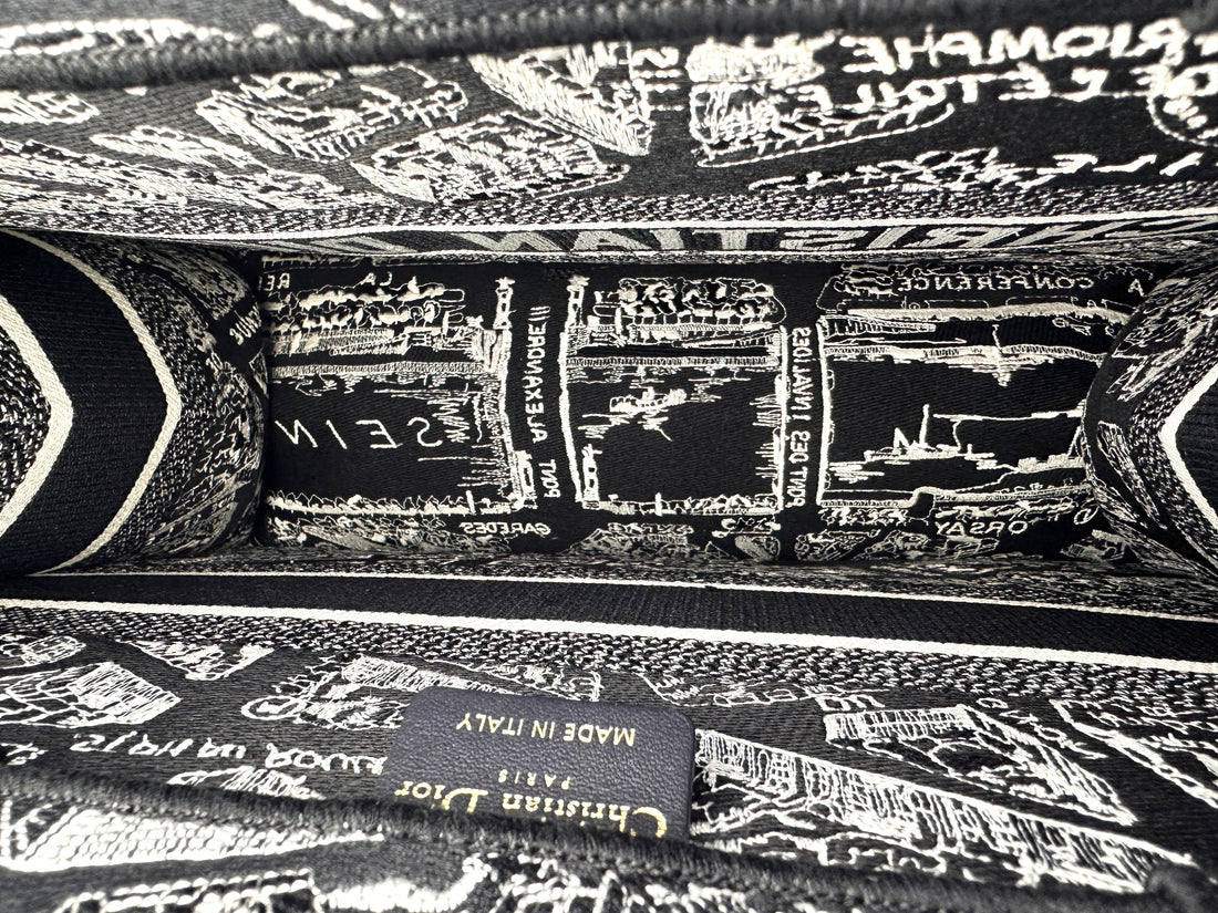 Christian Dior Black and White Plan de Paris  Embroidery Medium Book Tote Bag Black DRF