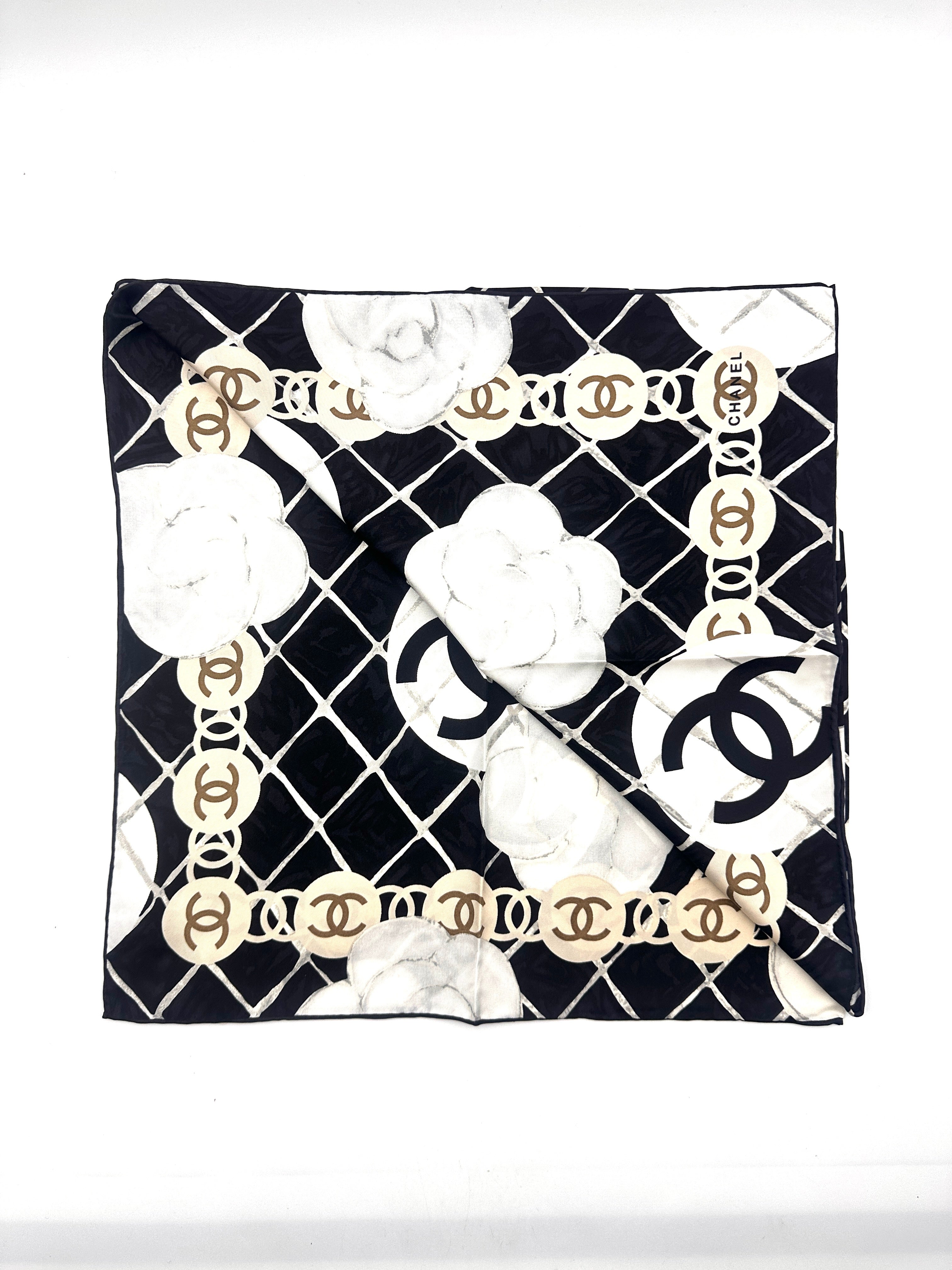 Chanel  Camellia CC Logo Square Scarf Black/White CCS03