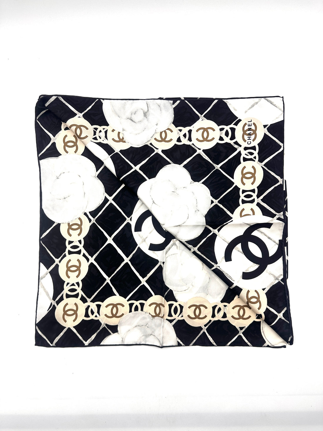 Chanel  Camellia CC Logo Square Scarf Black/White CCS03