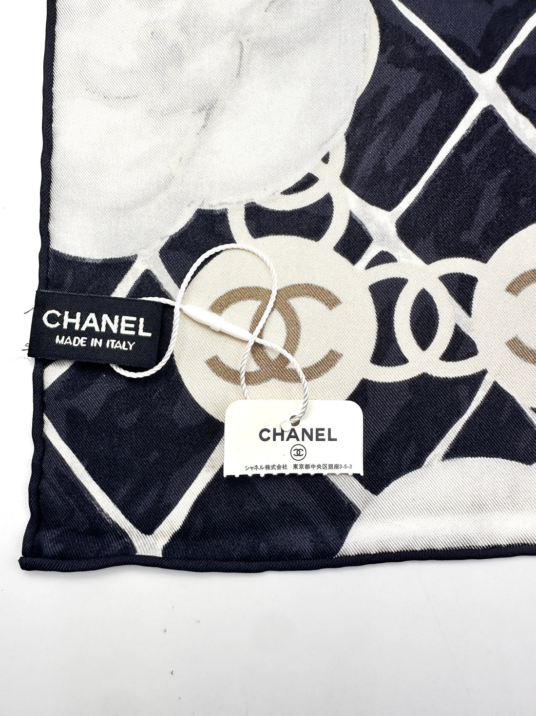 Chanel  Camellia CC Logo Square Scarf Black/White CCS03