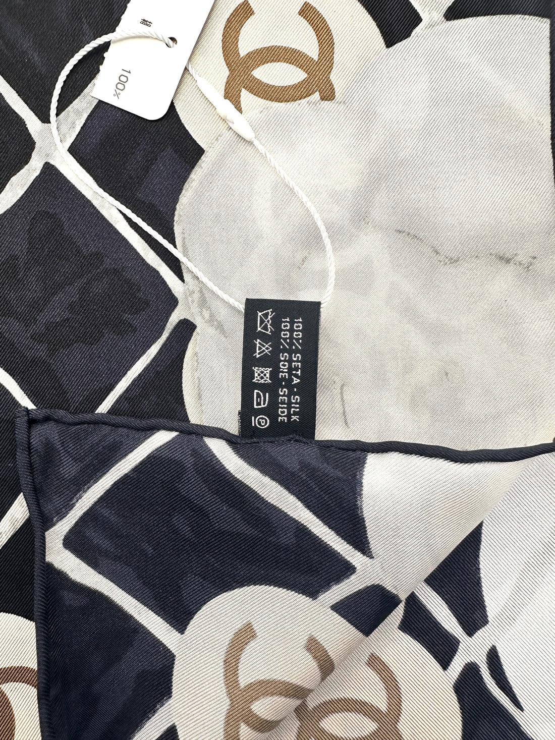 Chanel  Camellia CC Logo Square Scarf Black/White CCS03
