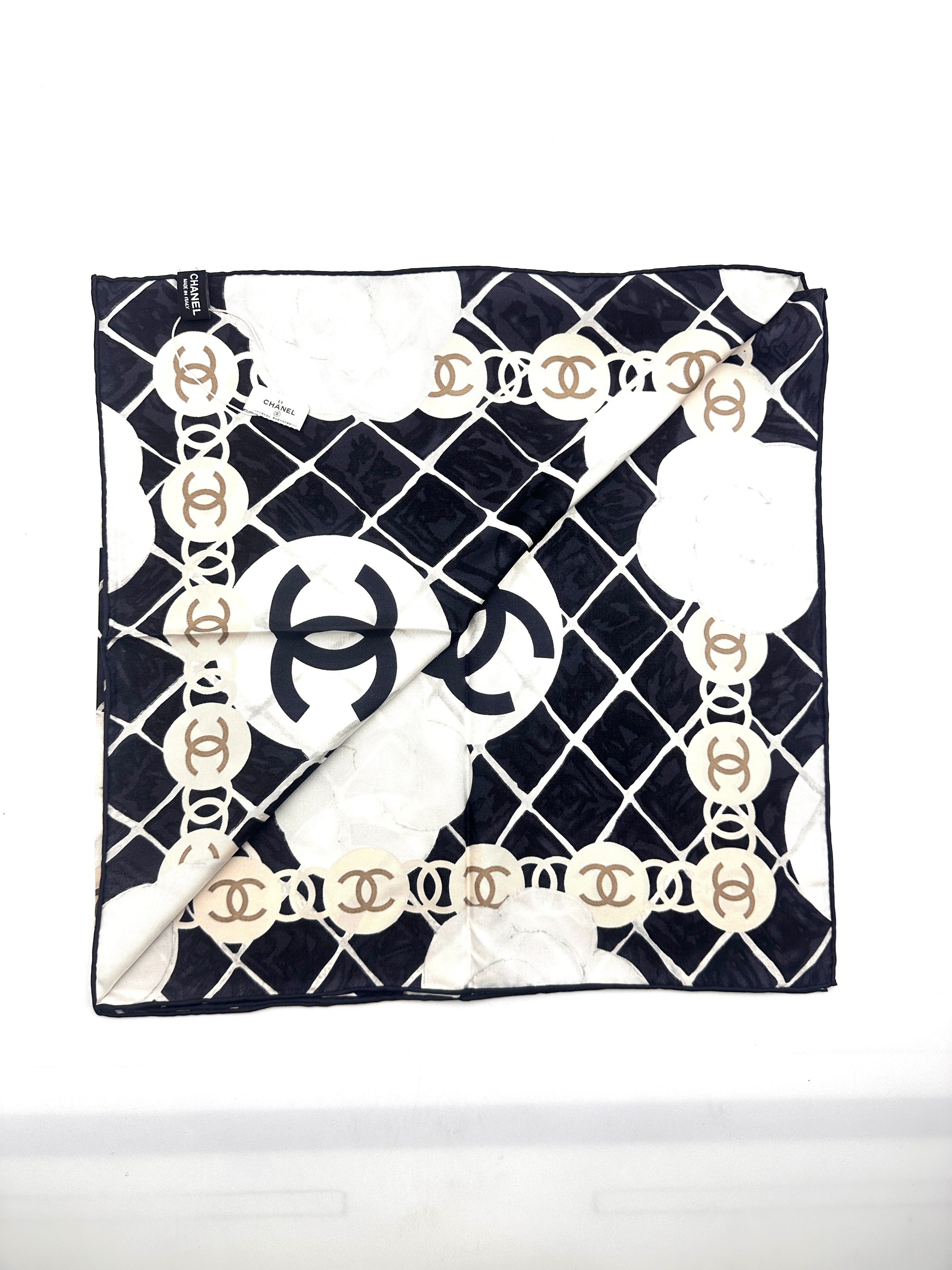 Chanel  Camellia CC Logo Square Scarf Black/White CCS03