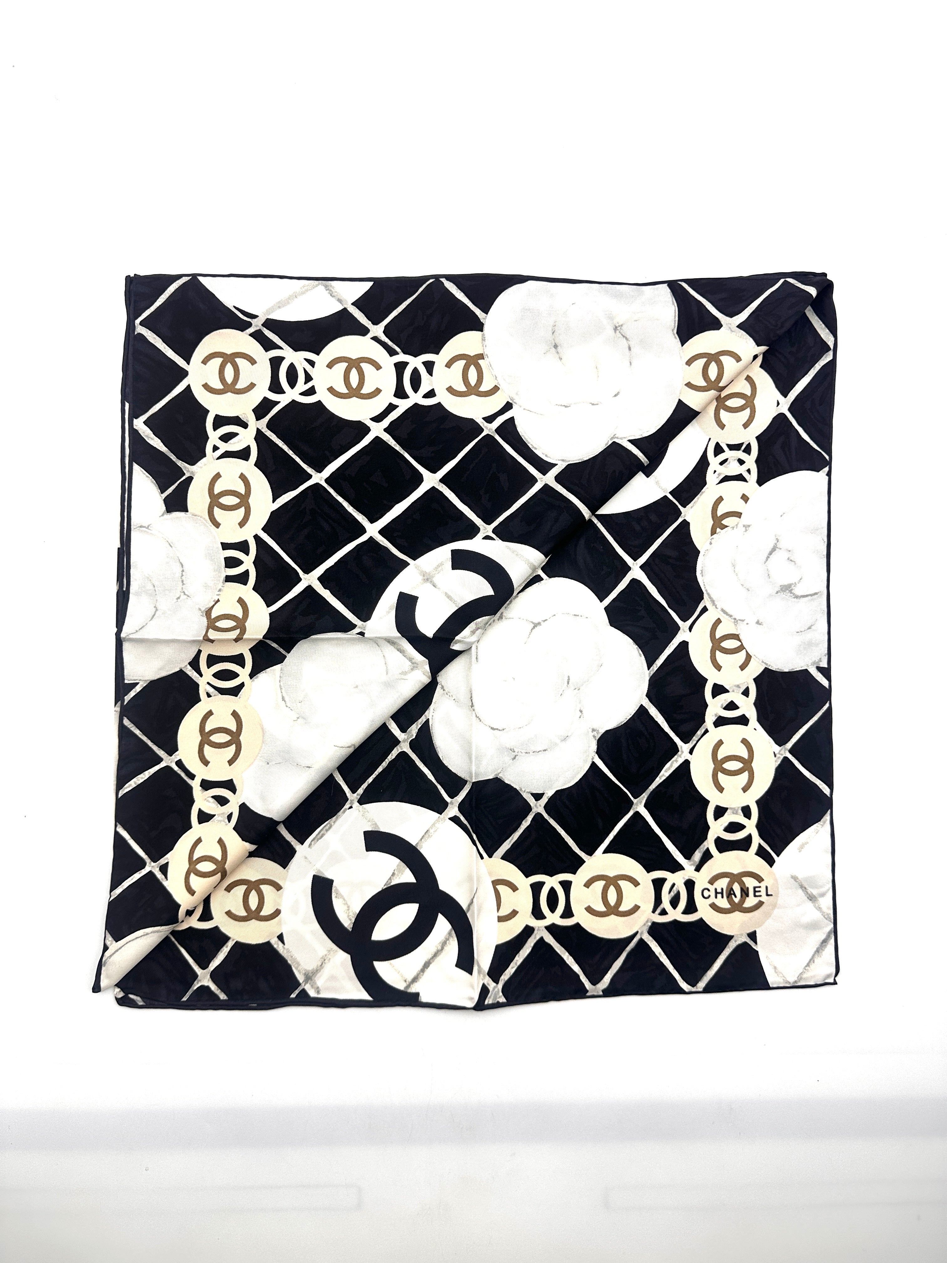 Chanel  Camellia CC Logo Square Scarf Black/White CCS03