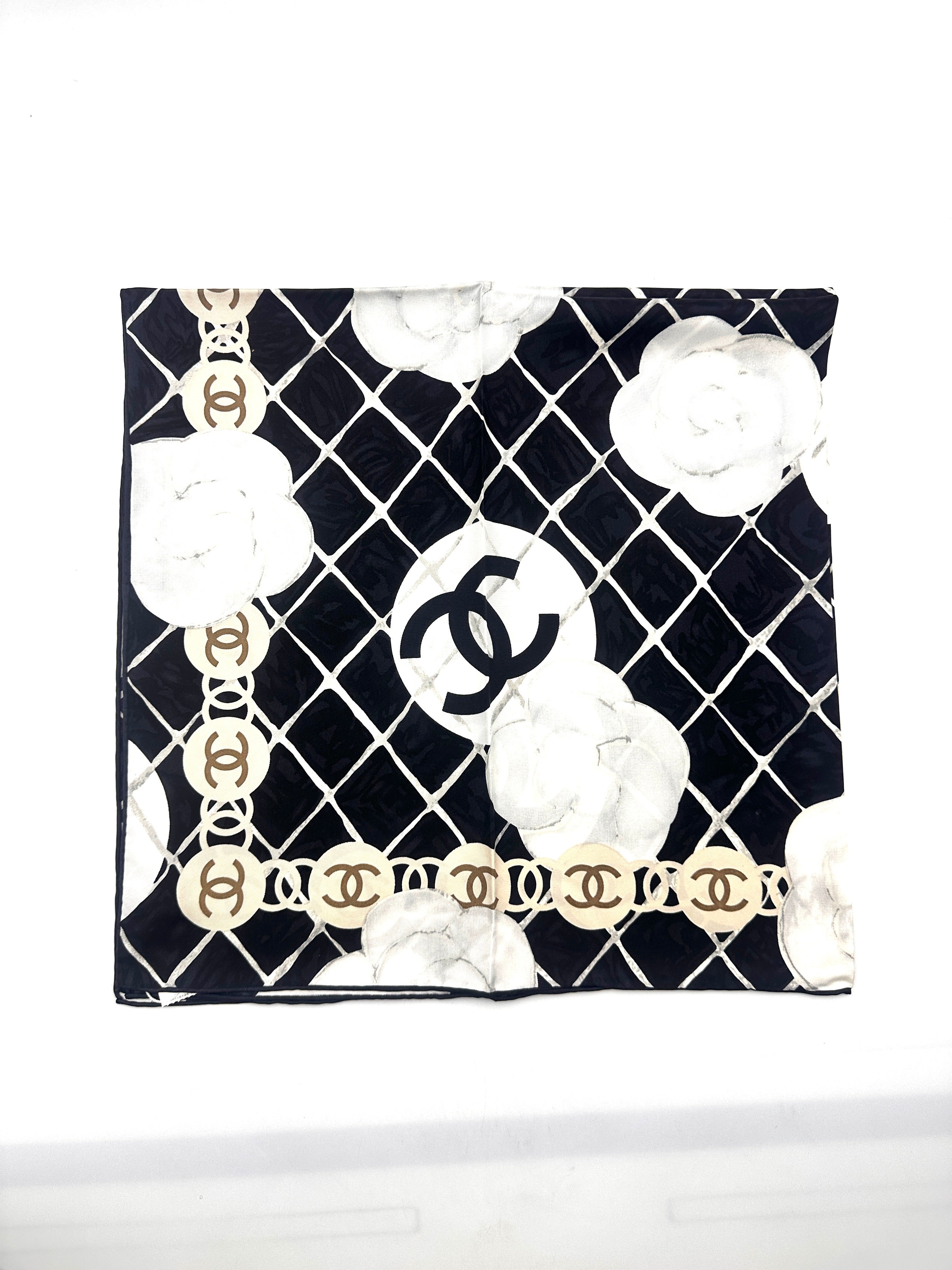 Chanel  Camellia CC Logo Square Scarf Black/White CCS03