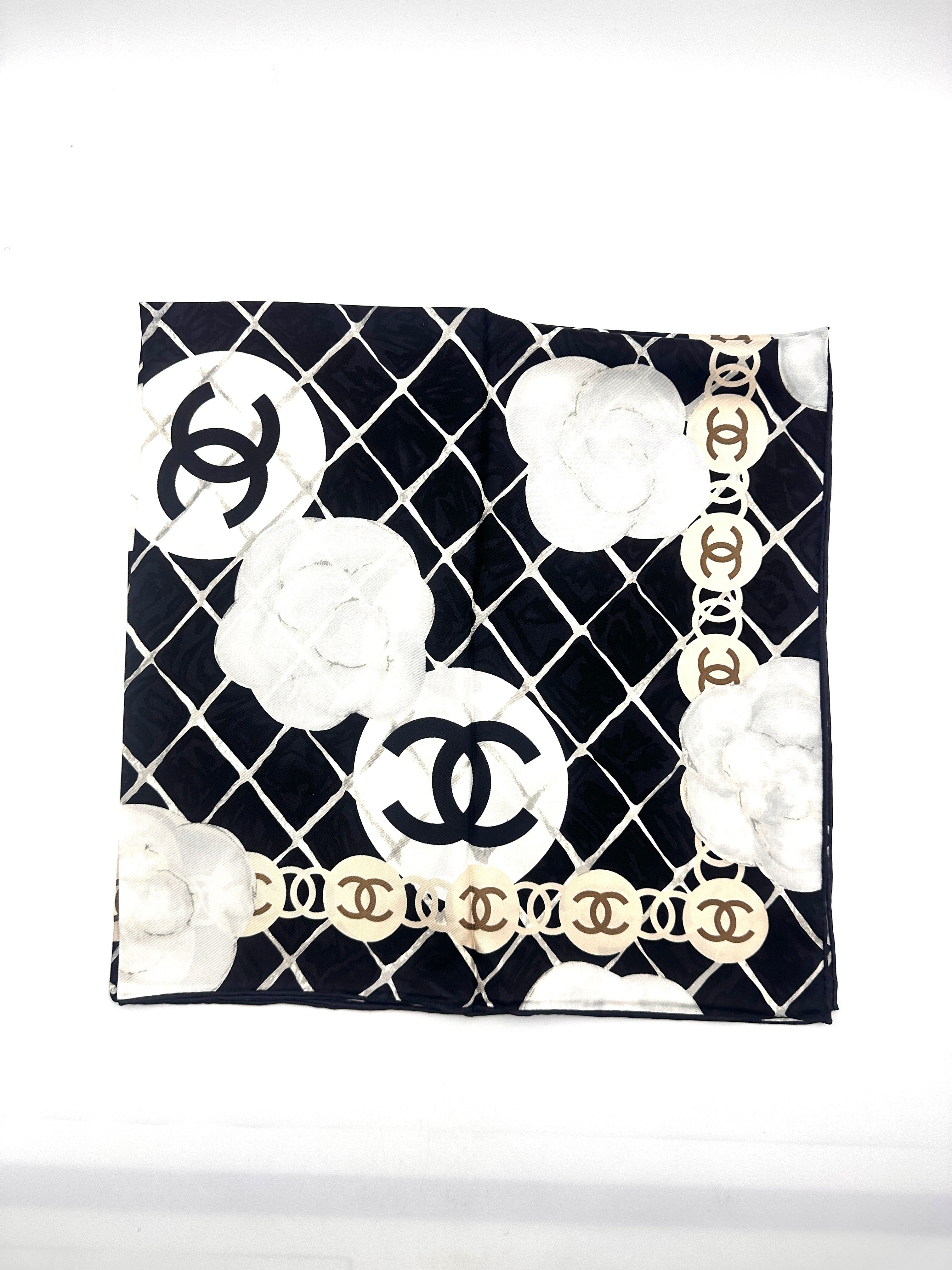 Chanel  Camellia CC Logo Square Scarf Black/White CCS03