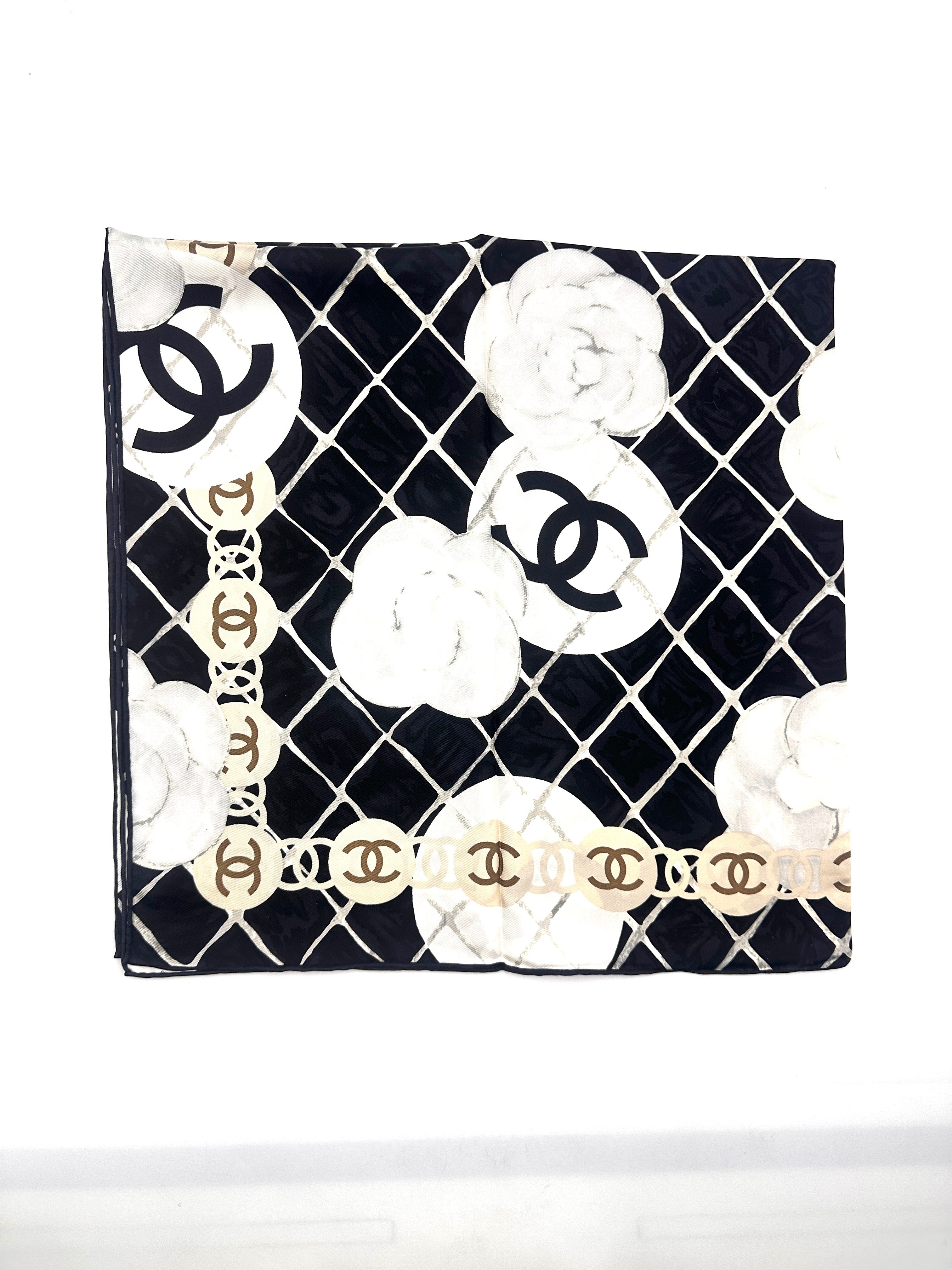 Chanel  Camellia CC Logo Square Scarf Black/White CCS03