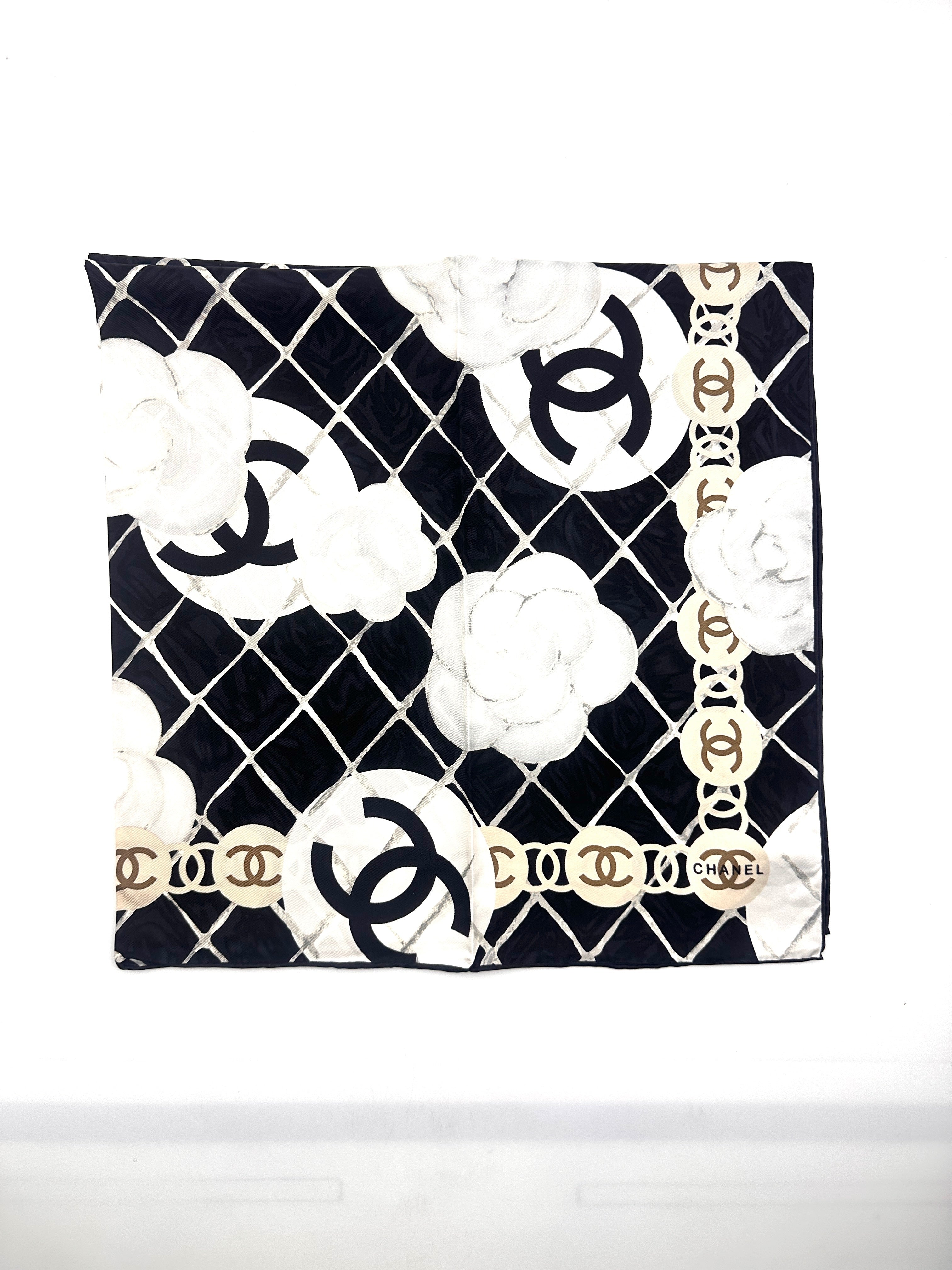 Chanel  Camellia CC Logo Square Scarf Black/White CCS03
