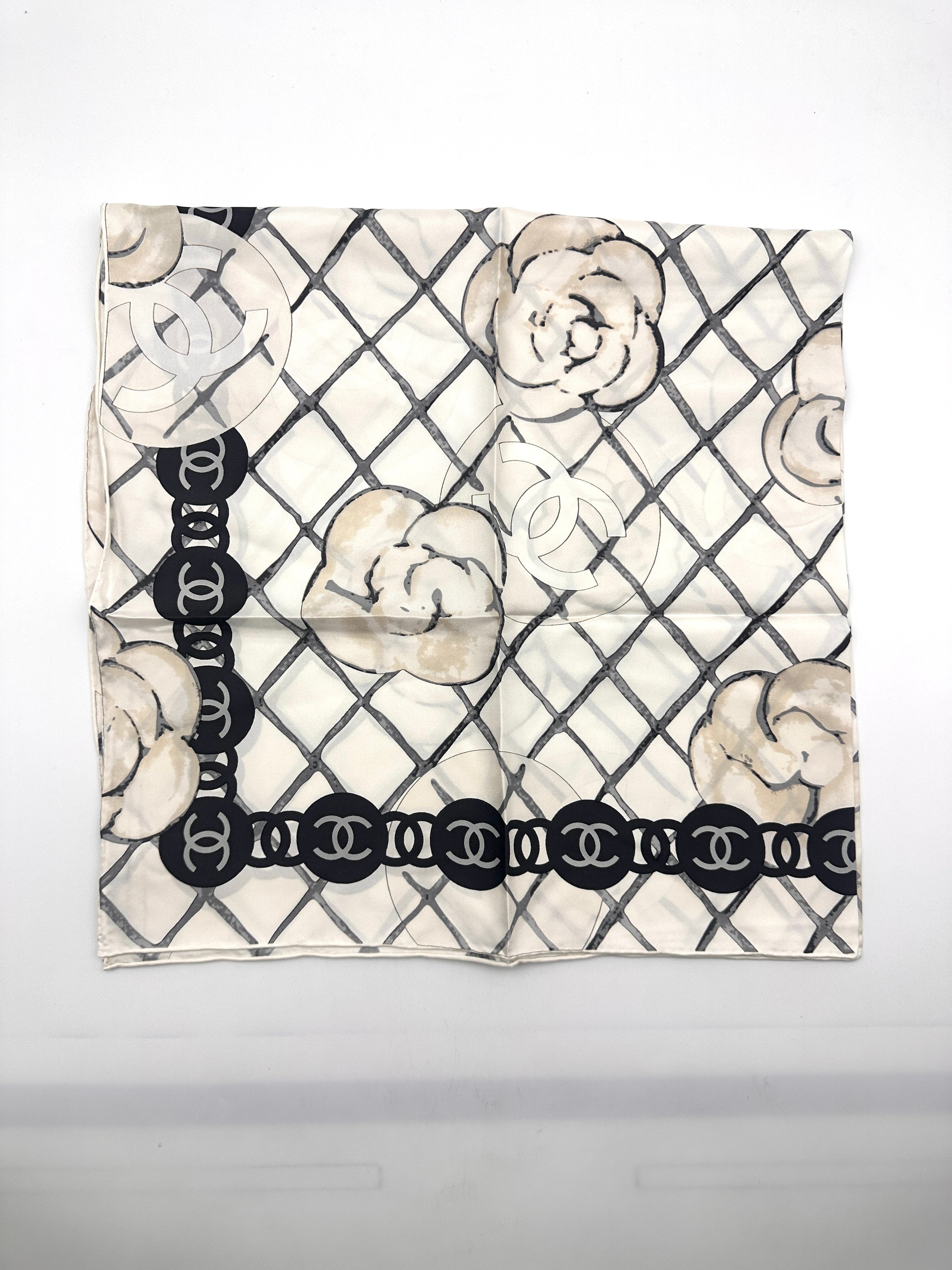 Chanel Camellia & Chain Print Scarf Beige White Silk CCS04