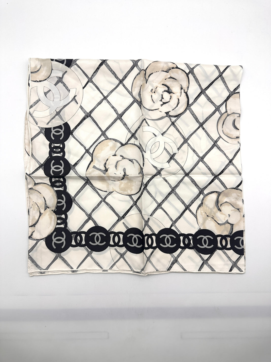Chanel Camellia & Chain Print Scarf Beige White Silk CCS04