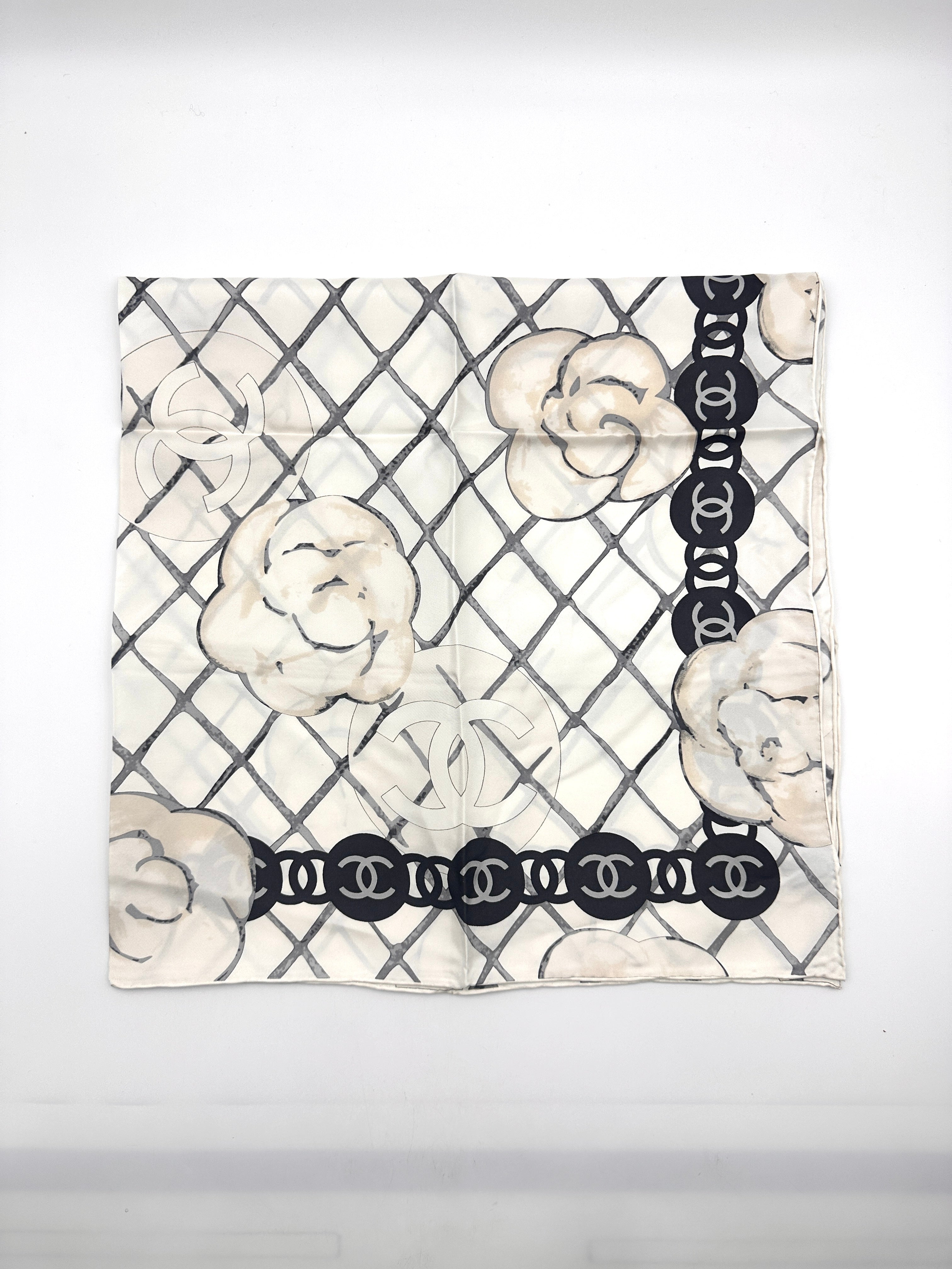 Chanel Camellia & Chain Print Scarf Beige White Silk CCS04
