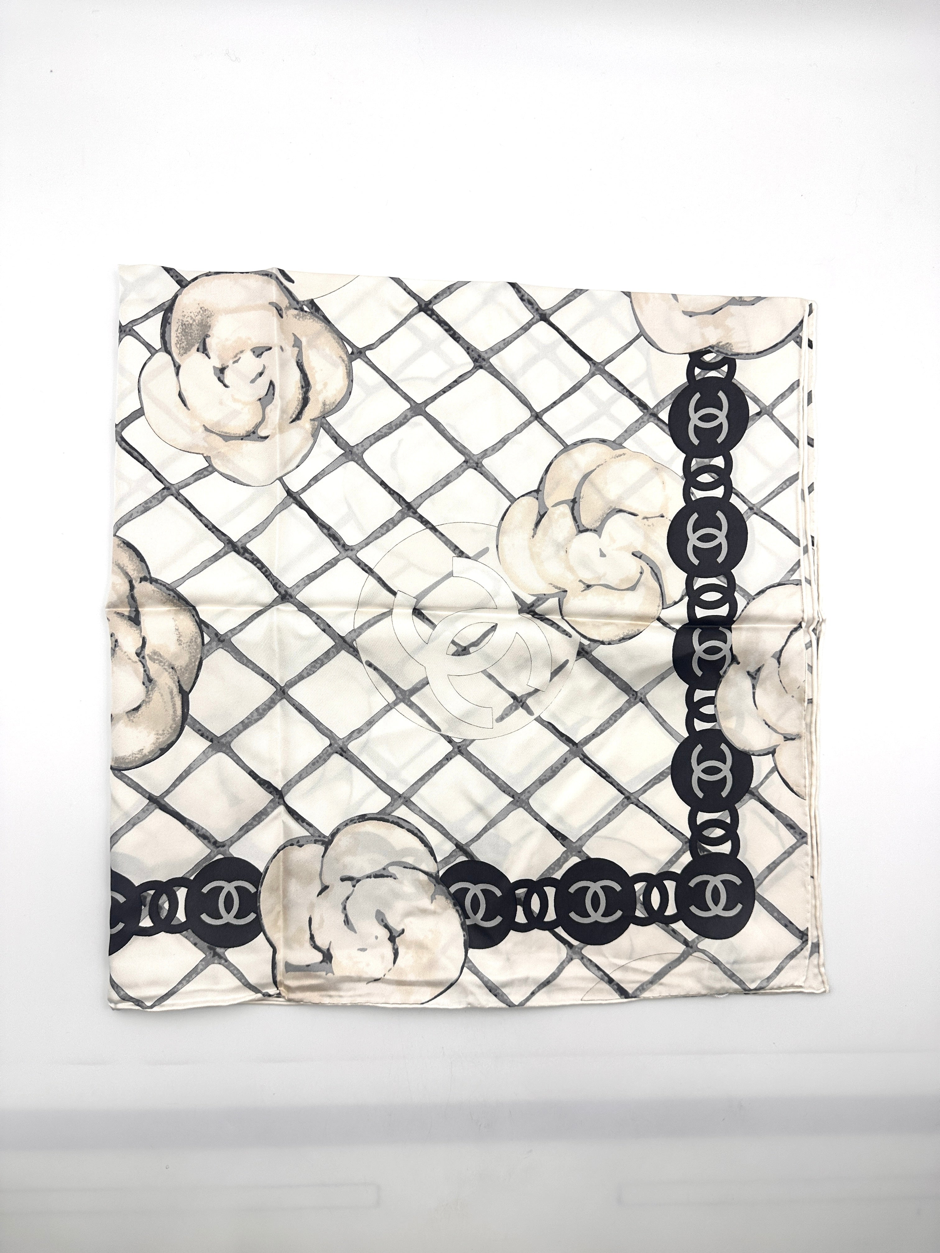 Chanel Camellia & Chain Print Scarf Beige White Silk CCS04