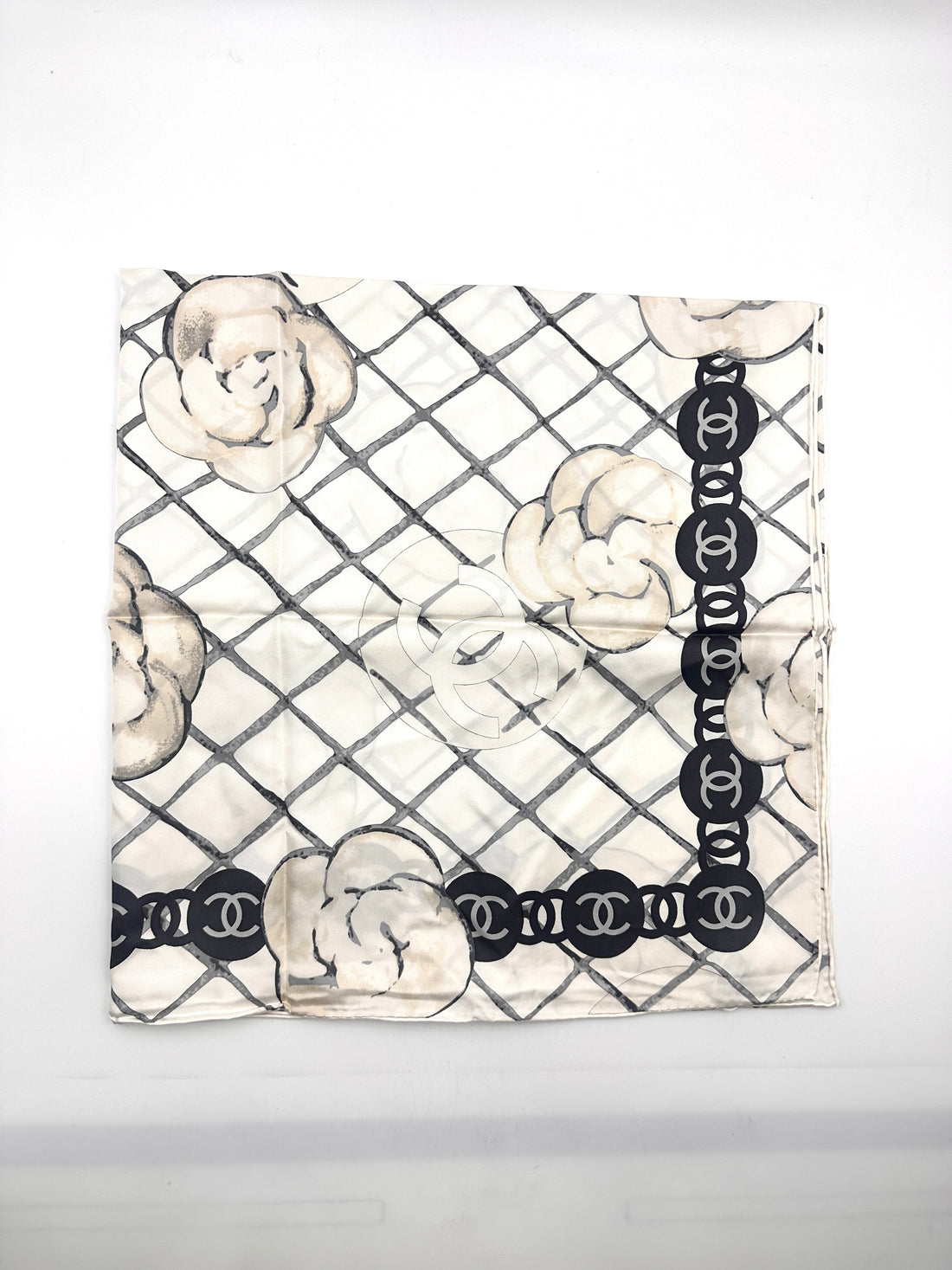 Chanel Camellia & Chain Print Scarf Beige White Silk CCS04