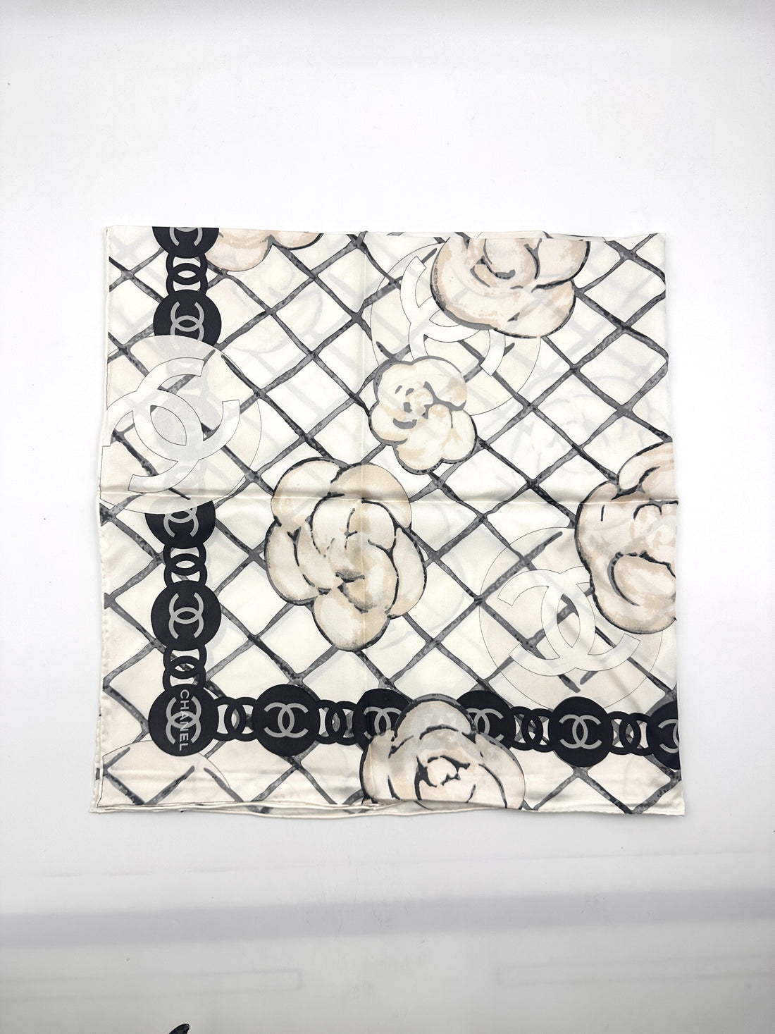 Chanel Camellia & Chain Print Scarf Beige White Silk CCS04