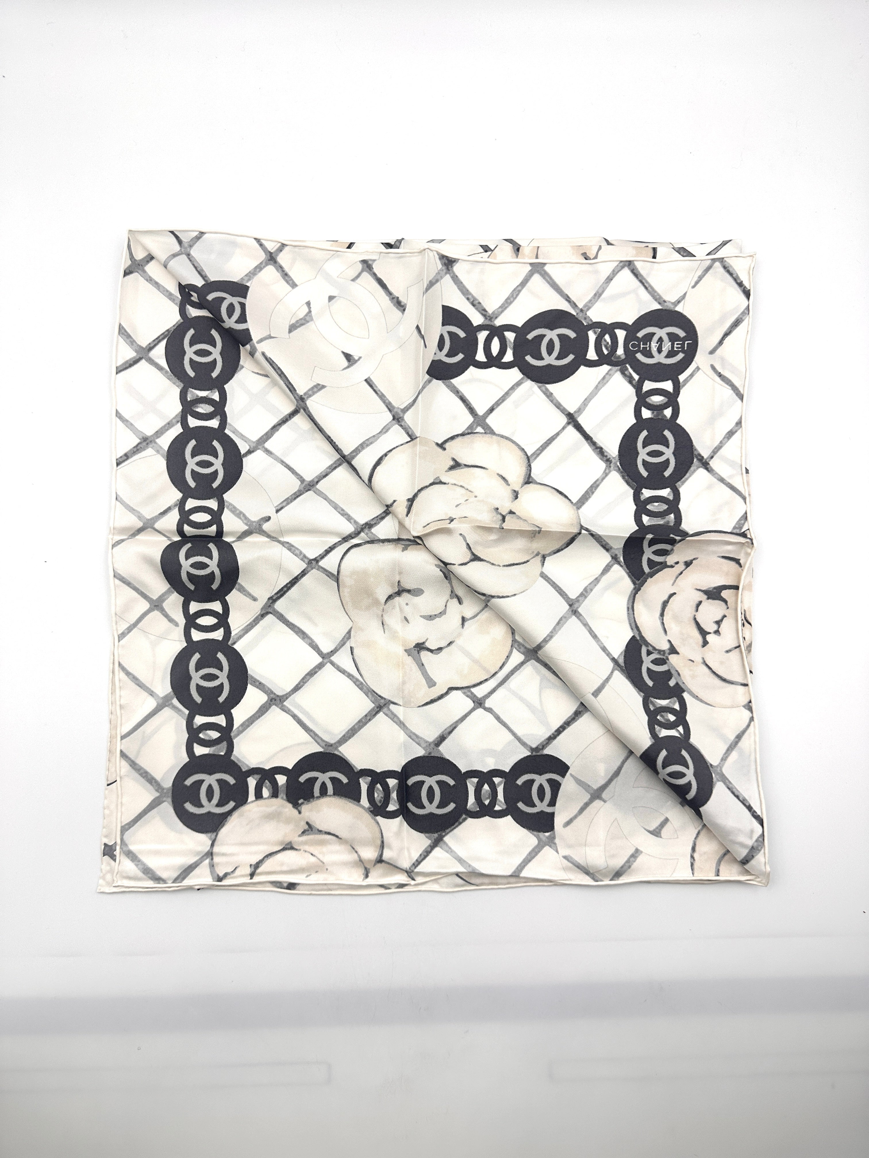 Chanel Camellia & Chain Print Scarf Beige White Silk CCS04