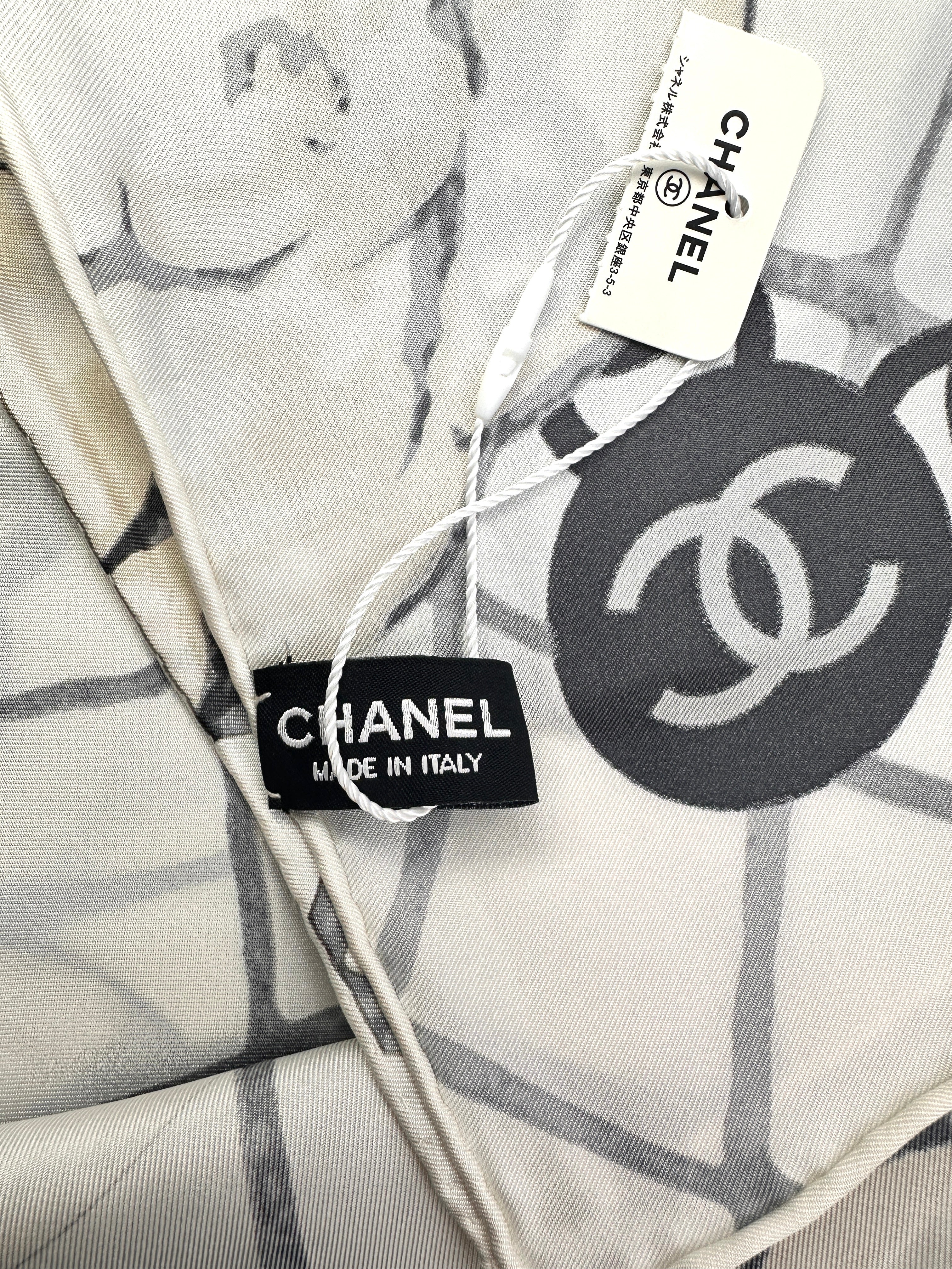 Chanel Camellia & Chain Print Scarf Beige White Silk CCS04