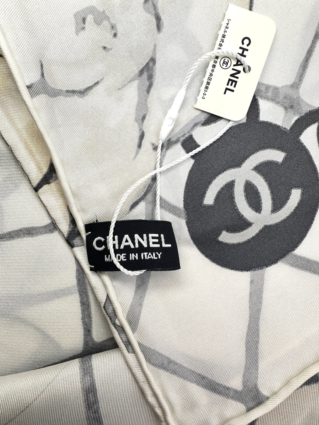Chanel Camellia & Chain Print Scarf Beige White Silk CCS04