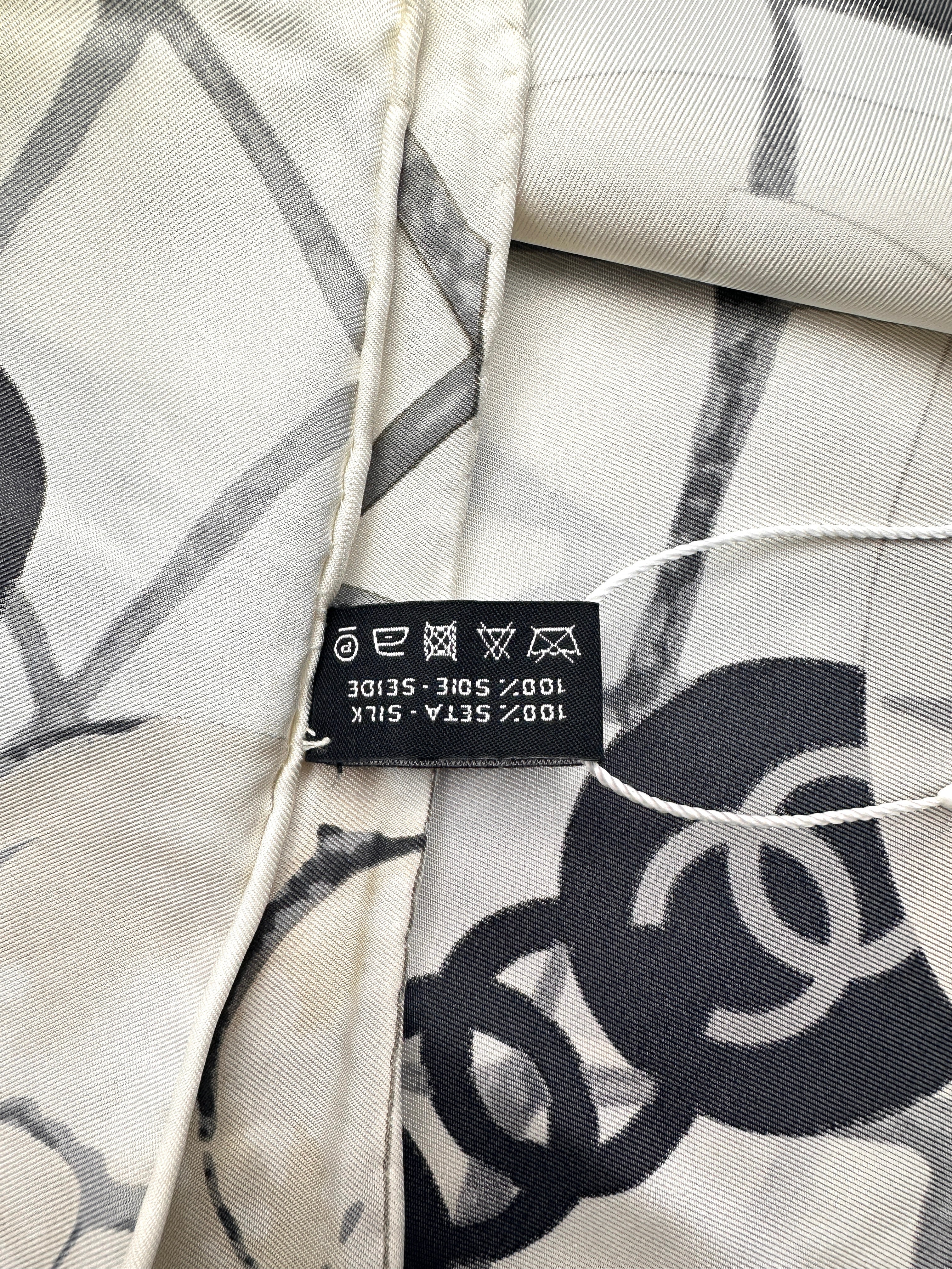 Chanel Camellia & Chain Print Scarf Beige White Silk CCS04