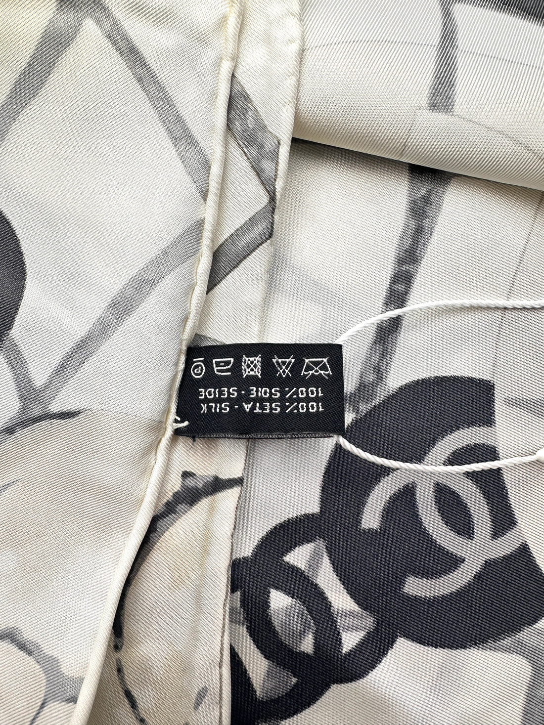 Chanel Camellia & Chain Print Scarf Beige White Silk CCS04