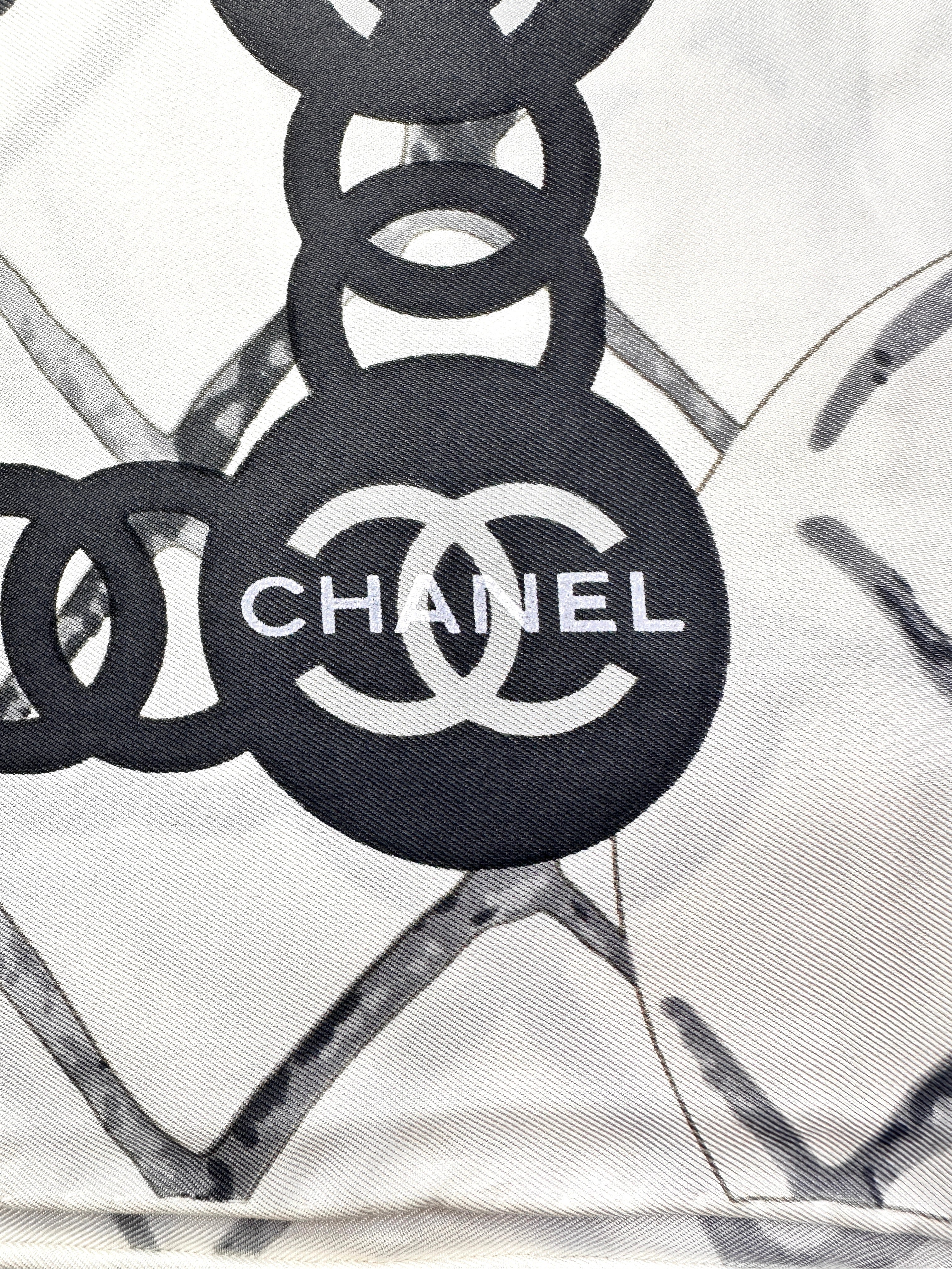 Chanel Camellia & Chain Print Scarf Beige White Silk CCS04
