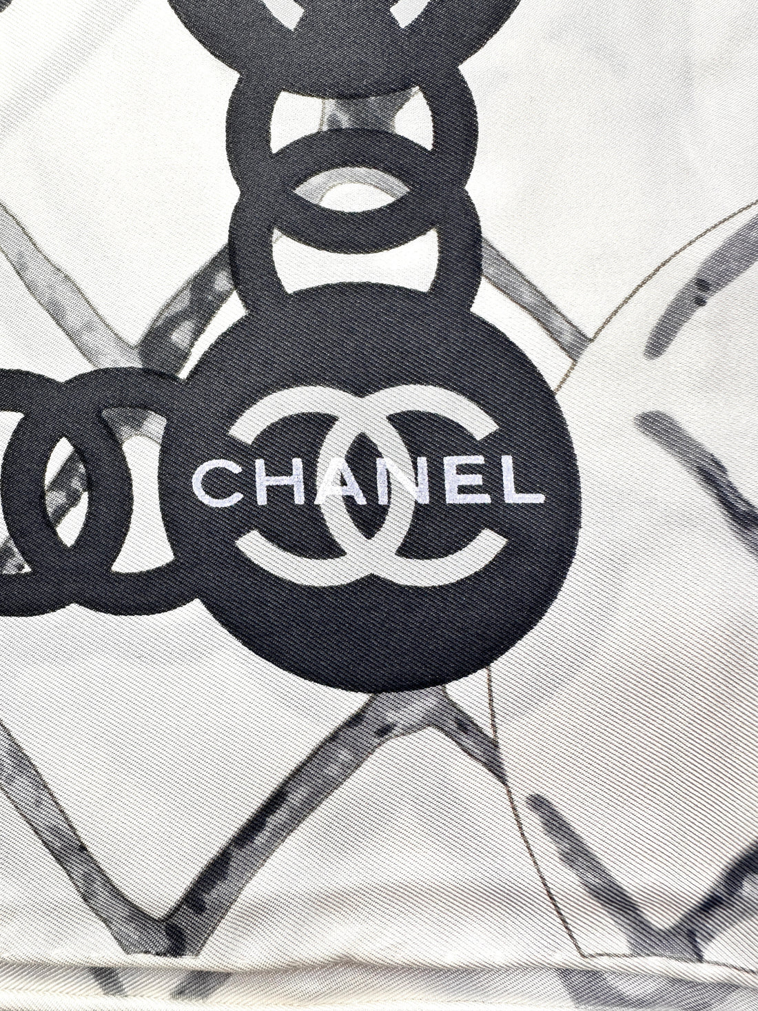 Chanel Camellia & Chain Print Scarf Beige White Silk CCS04