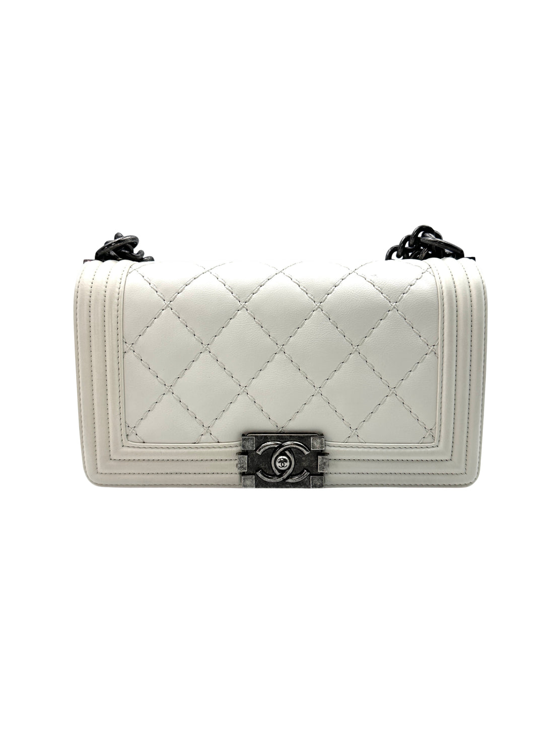 Chanel White Quilted Leather Chain Shoulder Bag with Antique Silver Buckle(18***28) CC1133