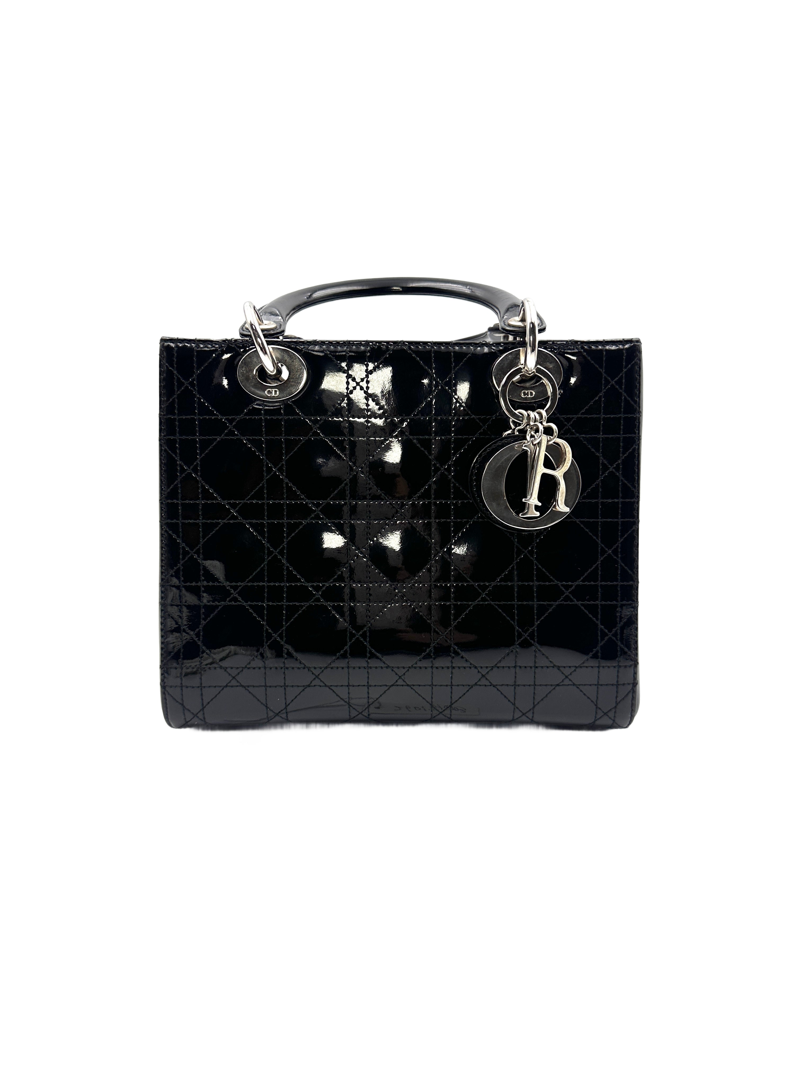 Christian Dior Cannage Black Patent Leather Lady Dior Handbag DR382