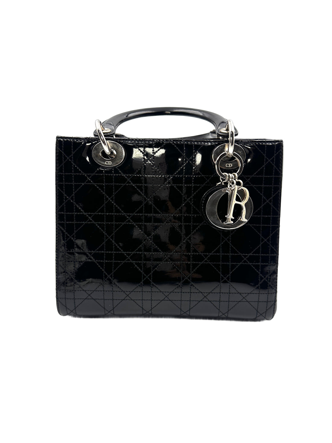 Christian Dior Cannage Black Patent Leather Lady Dior Handbag DR382