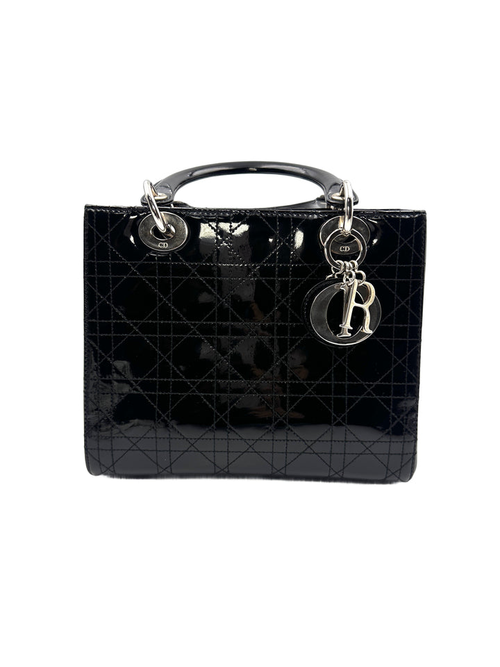 Christian Dior Cannage Black Patent Leather Lady Dior Handbag DR382