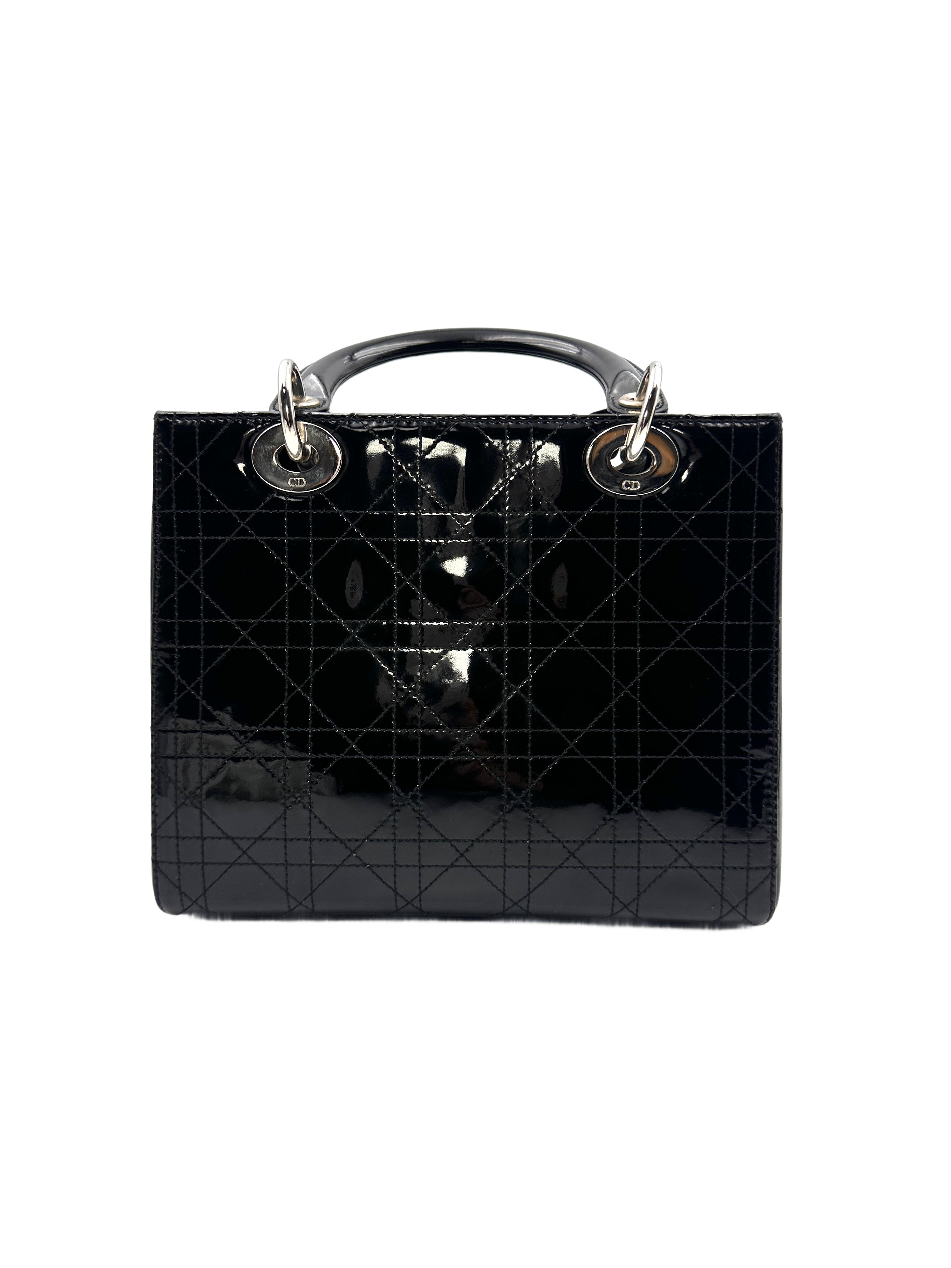 Christian Dior Cannage Black Patent Leather Lady Dior Handbag DR382