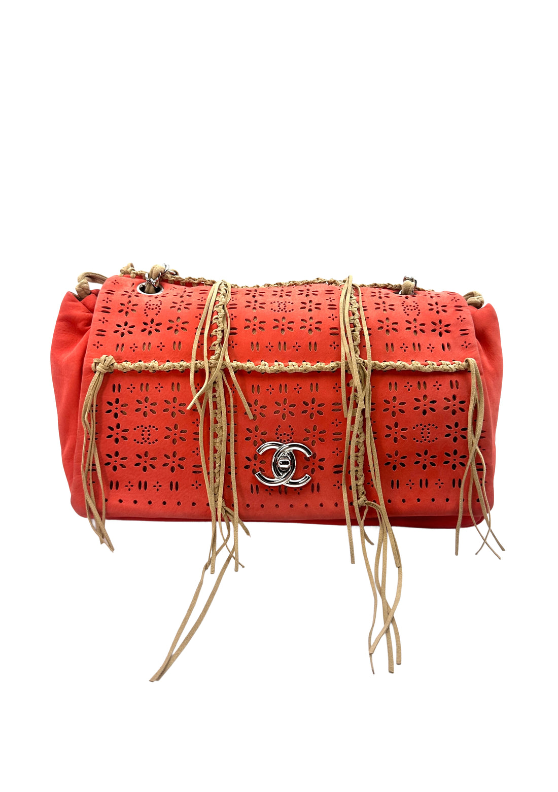 Chanel Orange Suede Cut Fringe Flap Shoudler Bag(14***38) CC1141