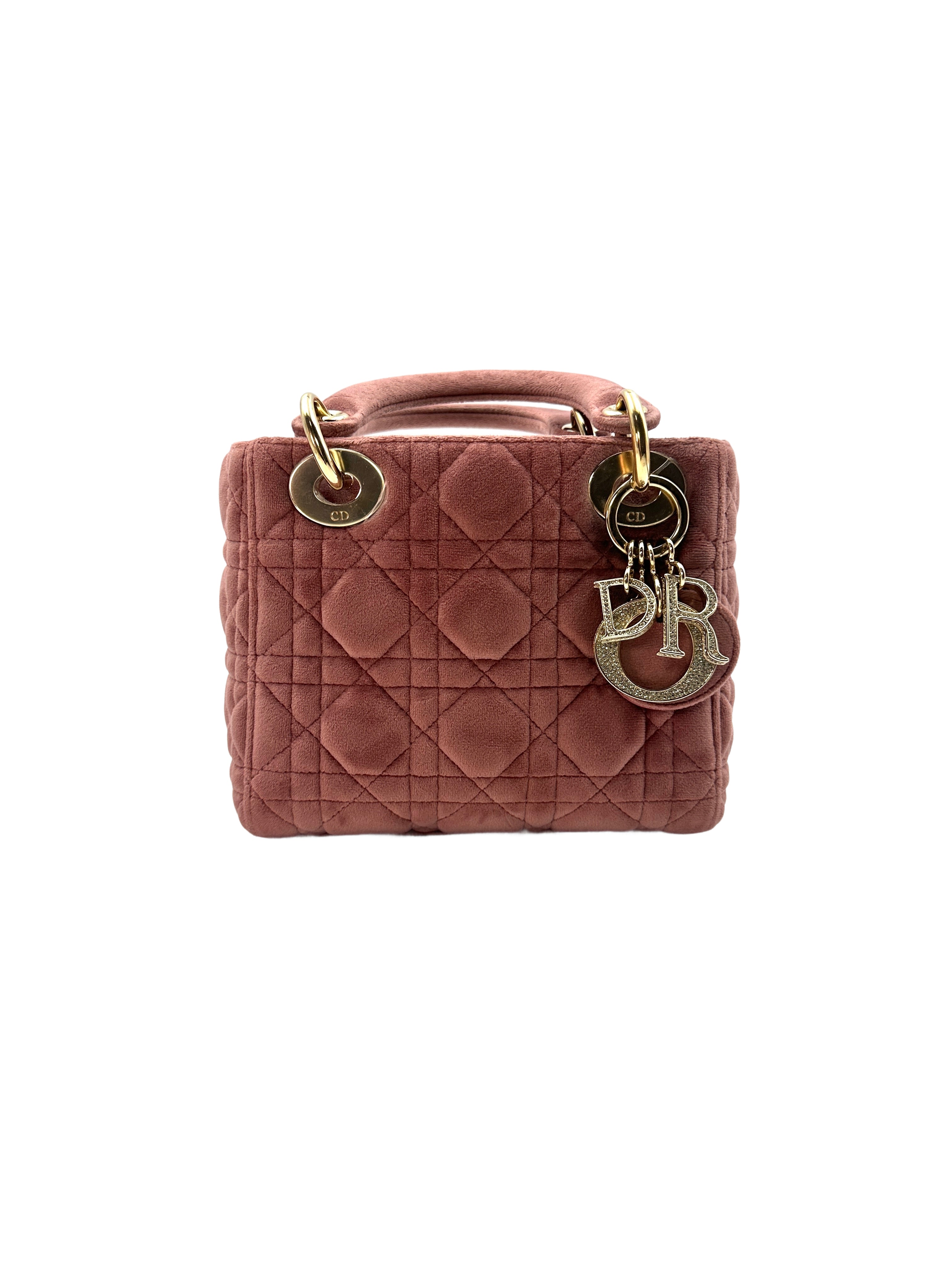 Christian Dior Pink Velvet Lady Dior Chain Shoulder Handle Bag DR388