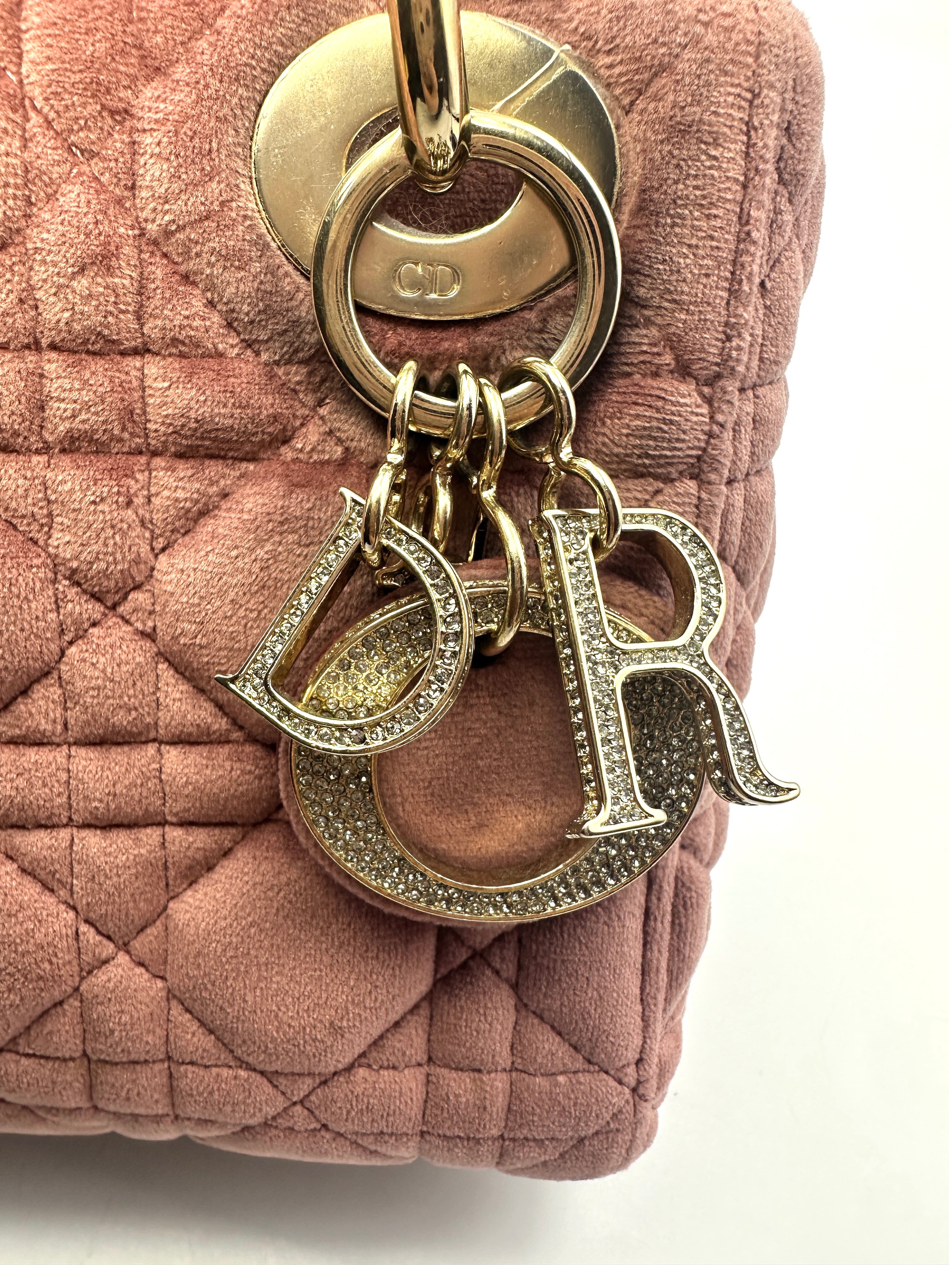 Christian Dior Pink Velvet Lady Dior Chain Shoulder Handle Bag DR388