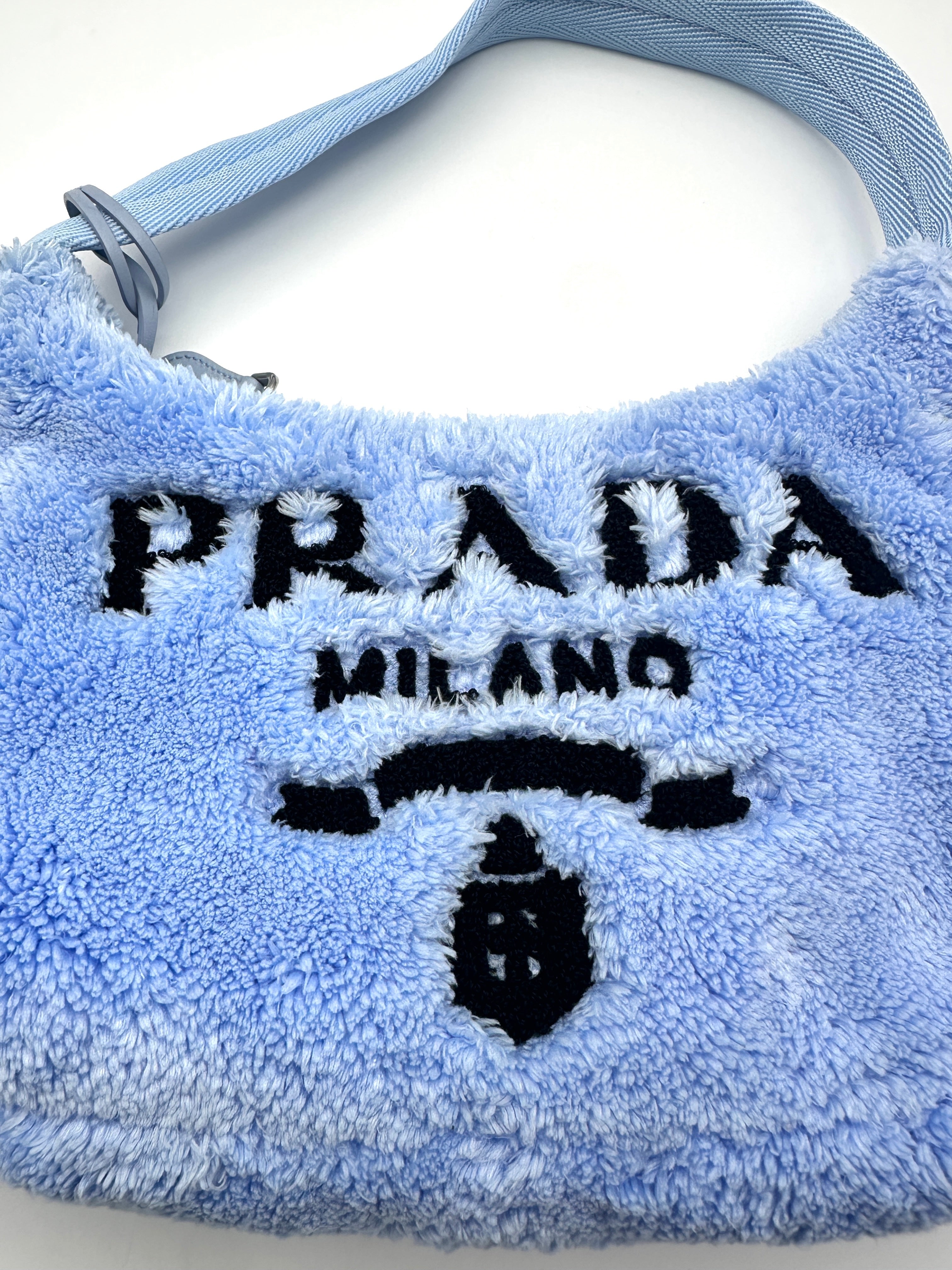 Prada Re-Edition 2000 Blue Terry Cloth Hobo Shoulder Bag With Logo PR177