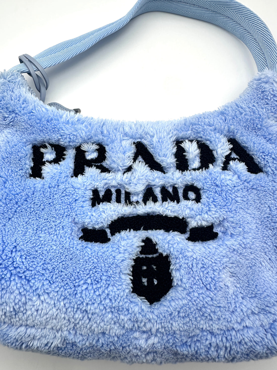 Prada Re-Edition 2000 Blue Terry Cloth Hobo Shoulder Bag With Logo PR177