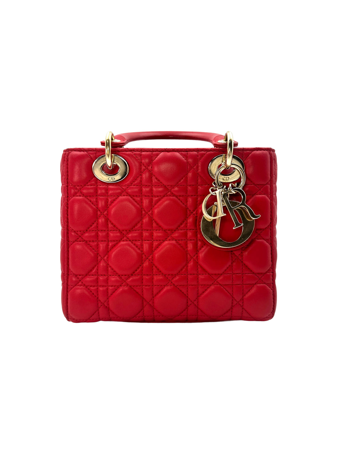 Christian Dior Cherry Red Lady Dior Cannage Leather Handle Bag DR391