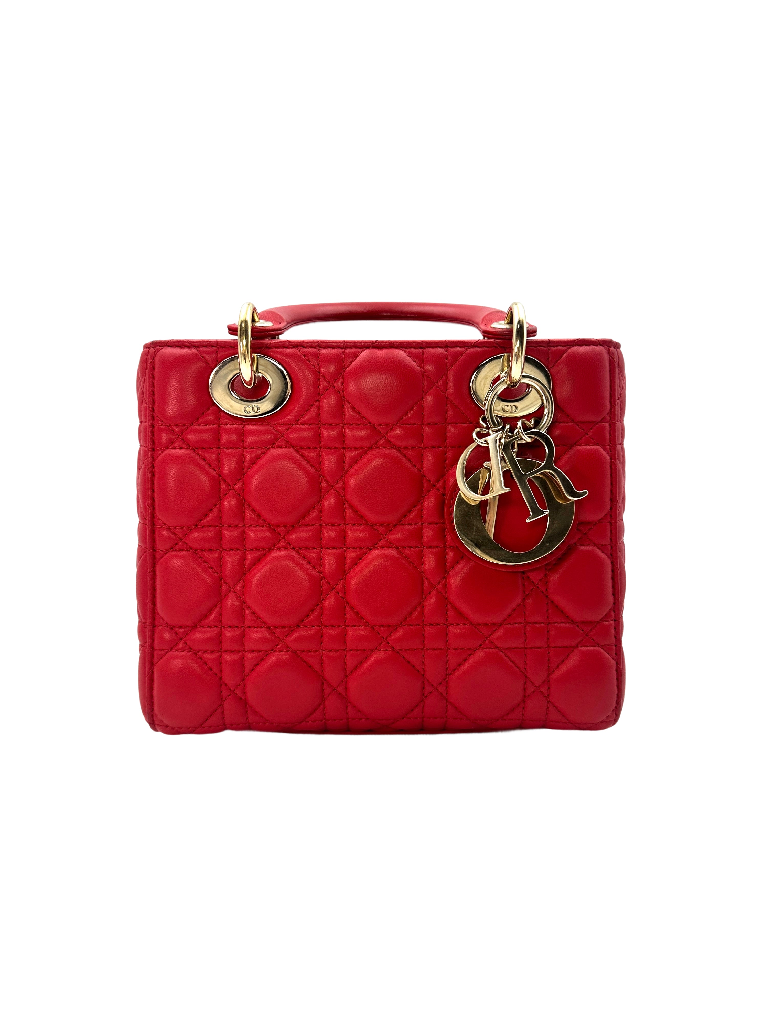 Christian Dior Cherry Red Lady Dior Cannage Leather Handle Bag DR391