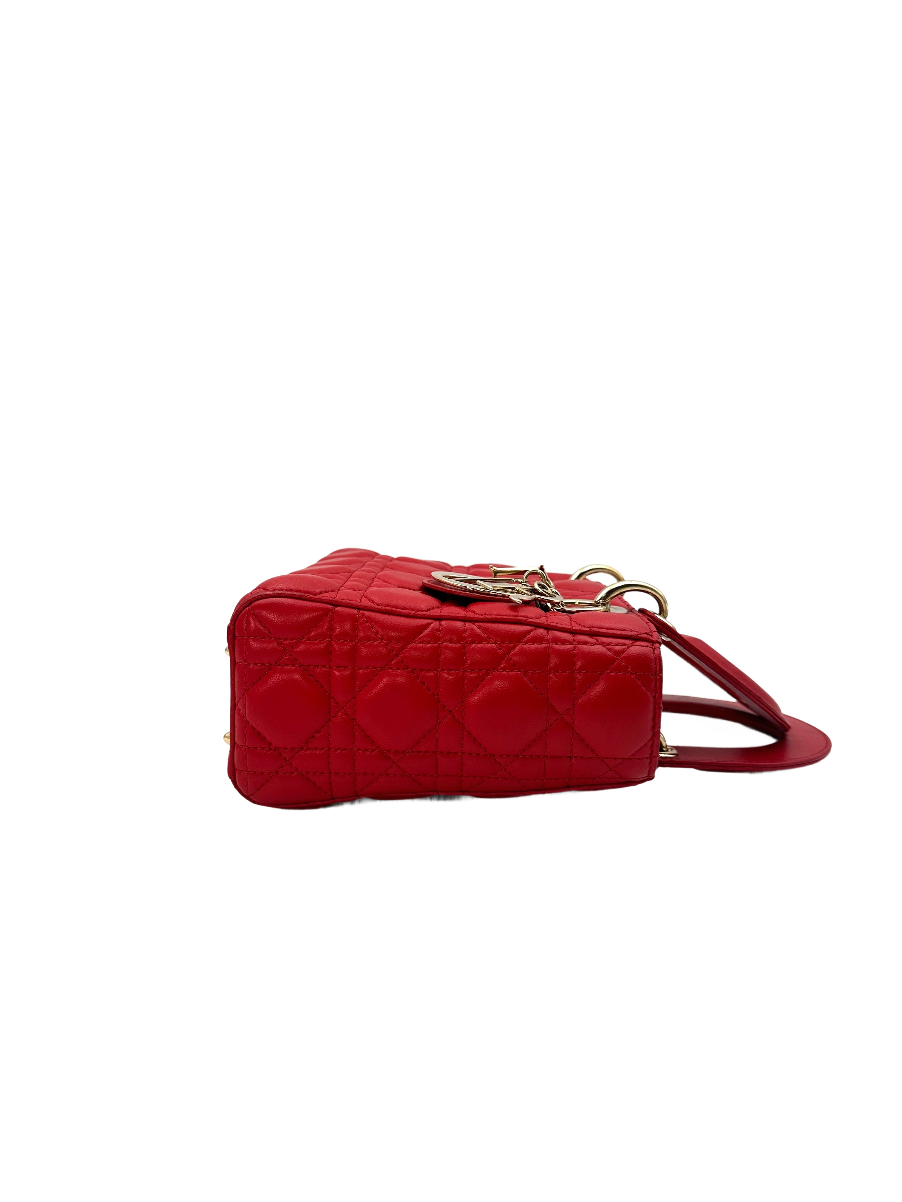 Christian Dior Cherry Red Lady Dior Cannage Leather Handle Bag DR391