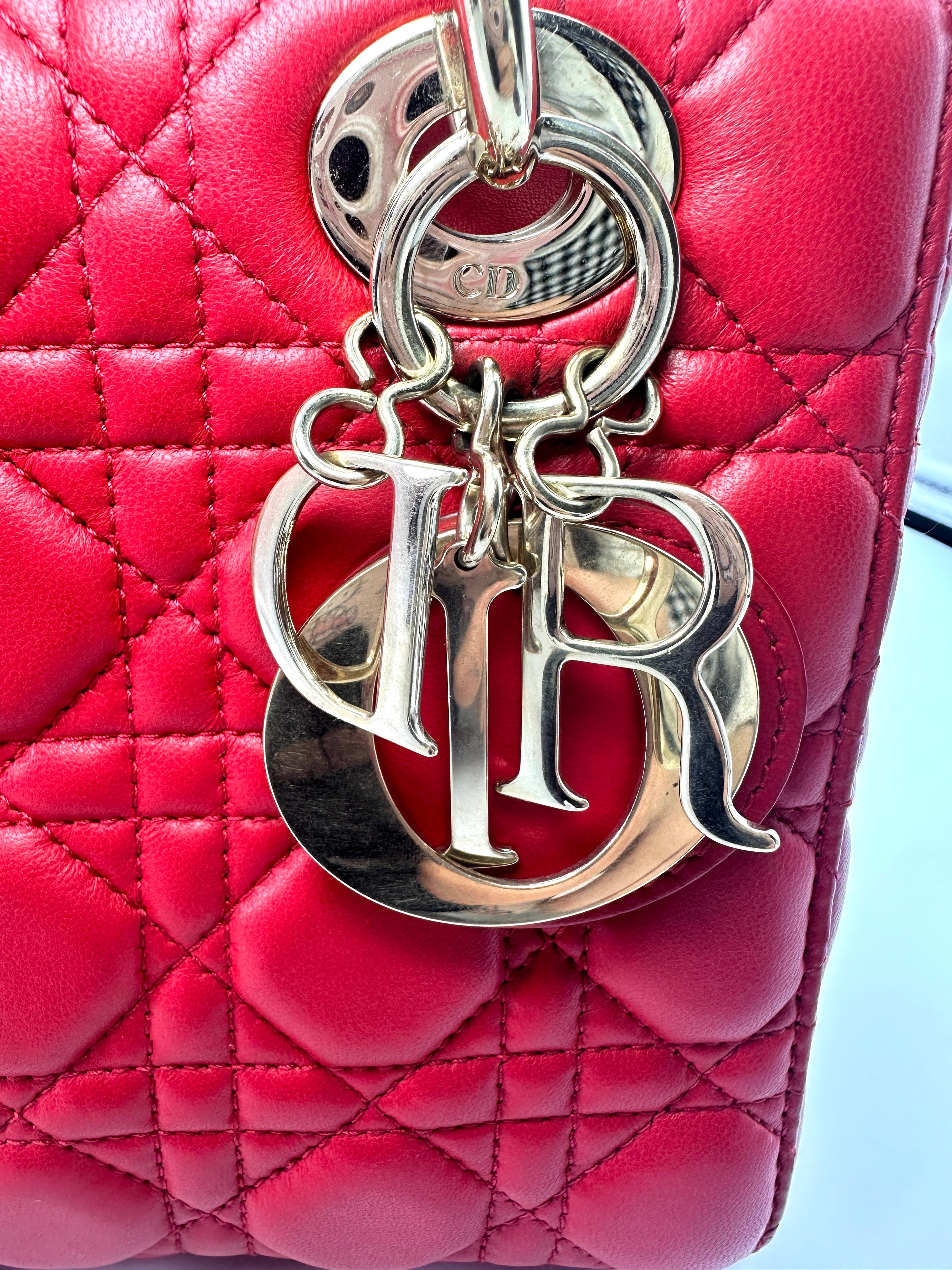Christian Dior Cherry Red Lady Dior Cannage Leather Handle Bag DR391