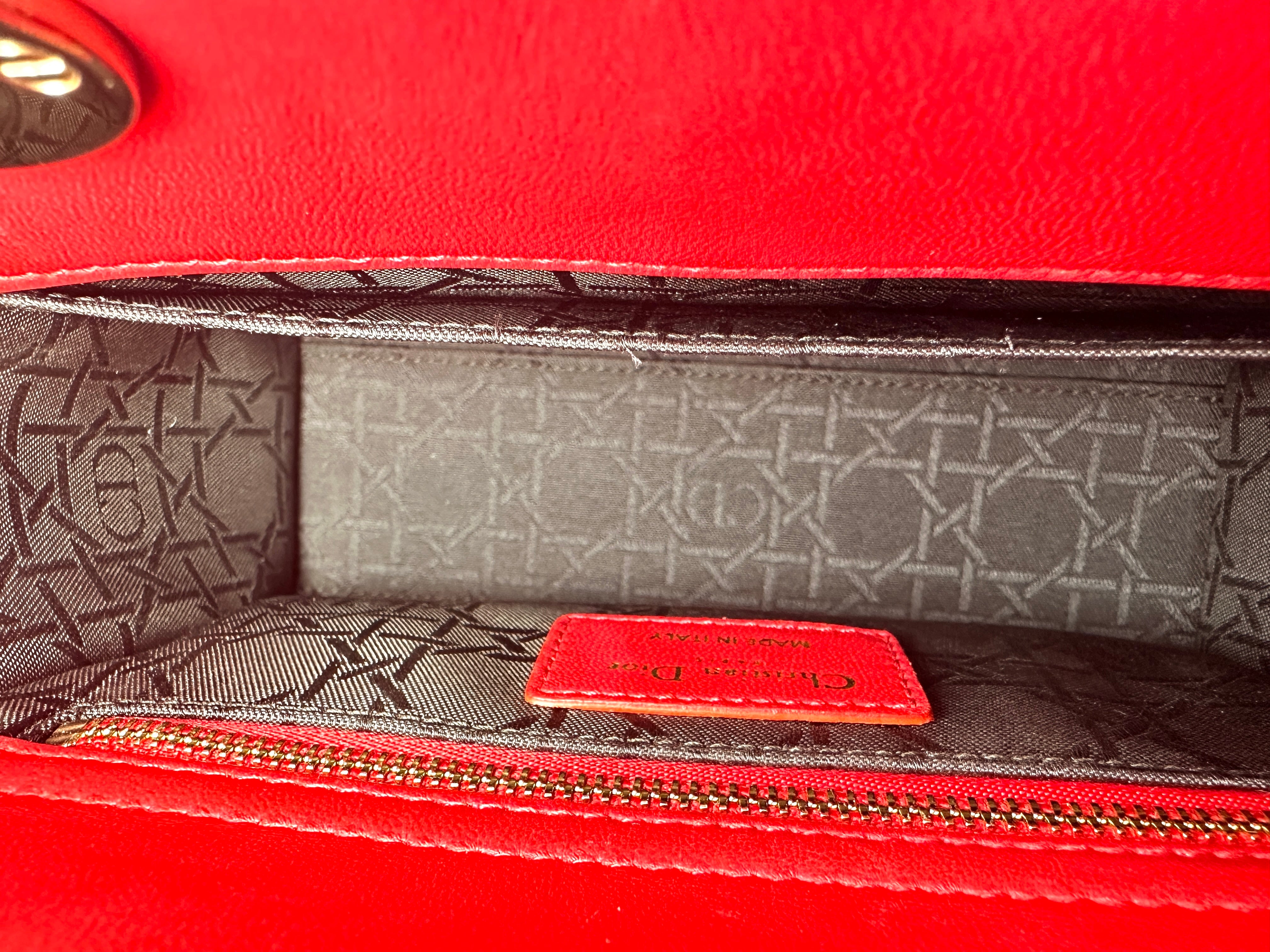 Christian Dior Cherry Red Lady Dior Cannage Leather Handle Bag DR391