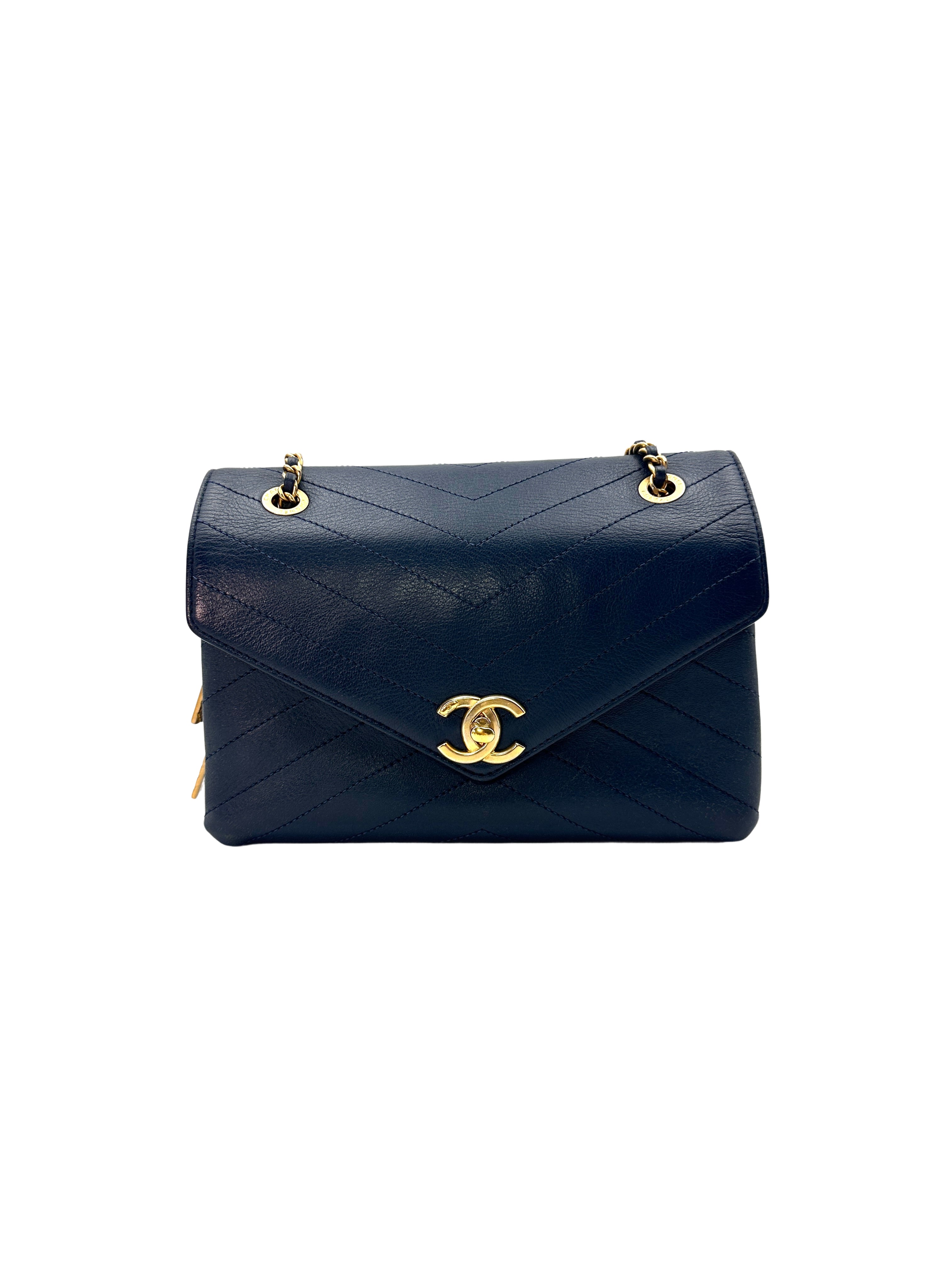 Chanel Navy Blue Classic Chevron Calfskin Leather Flap Crossbody Bag With Gold Hardware(25***88) CC1199