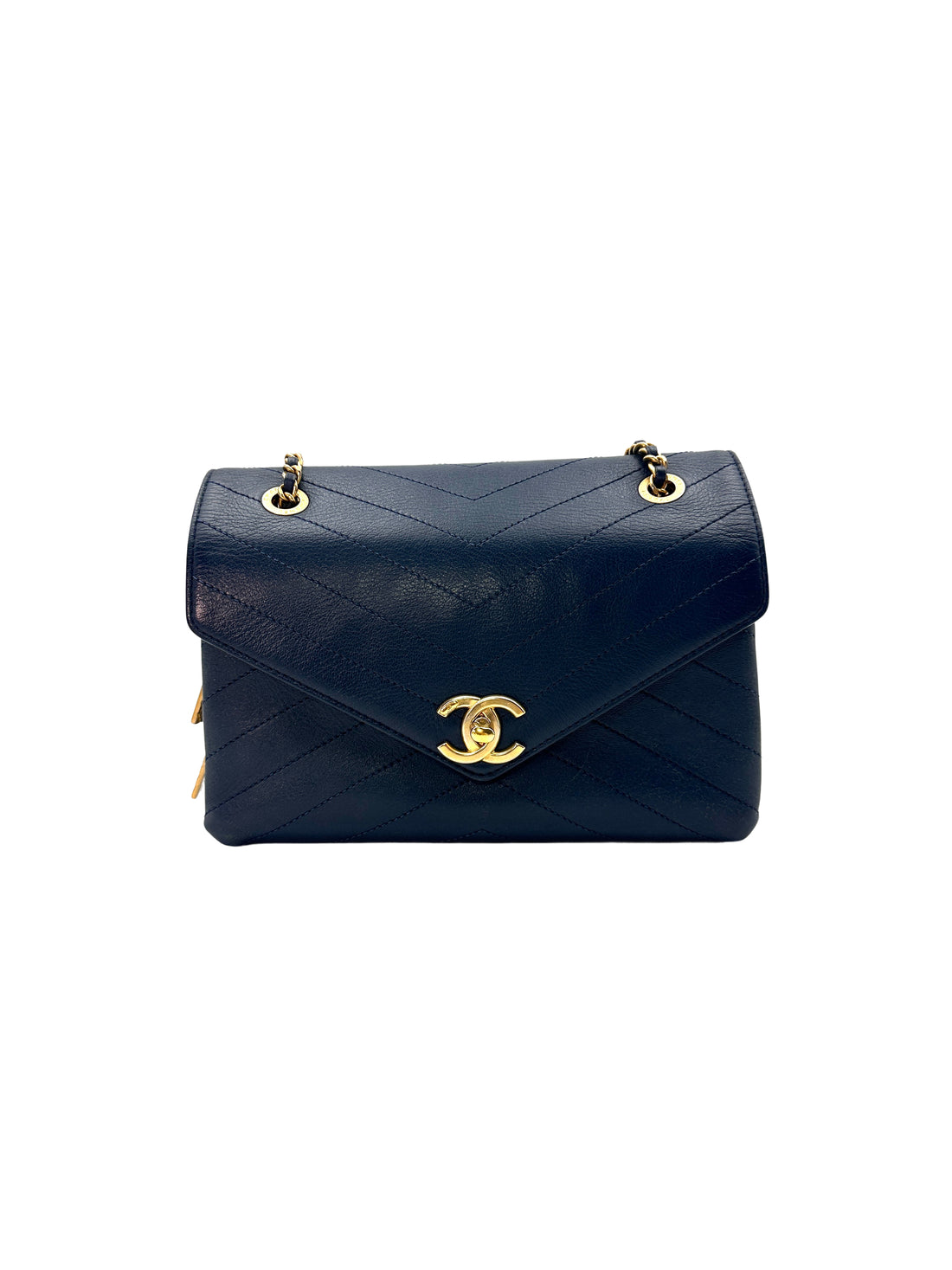 Chanel Navy Blue Classic Chevron Calfskin Leather Flap Crossbody Bag With Gold Hardware(25***88) CC1199