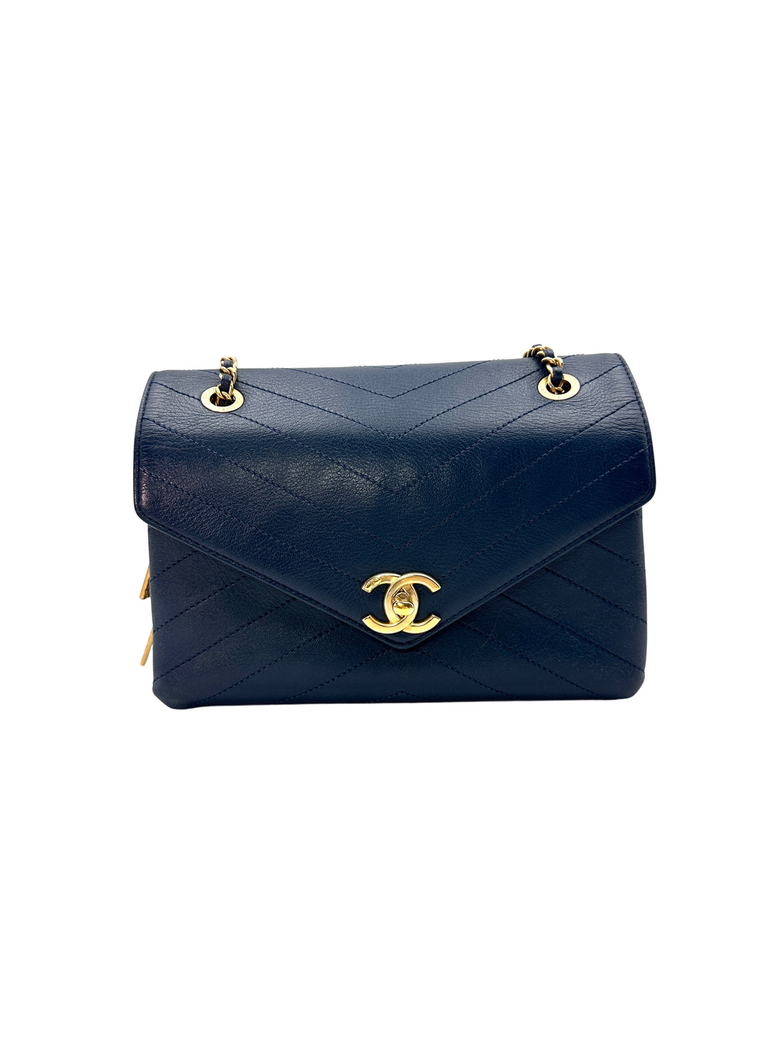 Chanel Navy Blue Classic Chevron Calfskin Leather Flap Crossbody Bag With Gold Hardware(25***88) CC1199