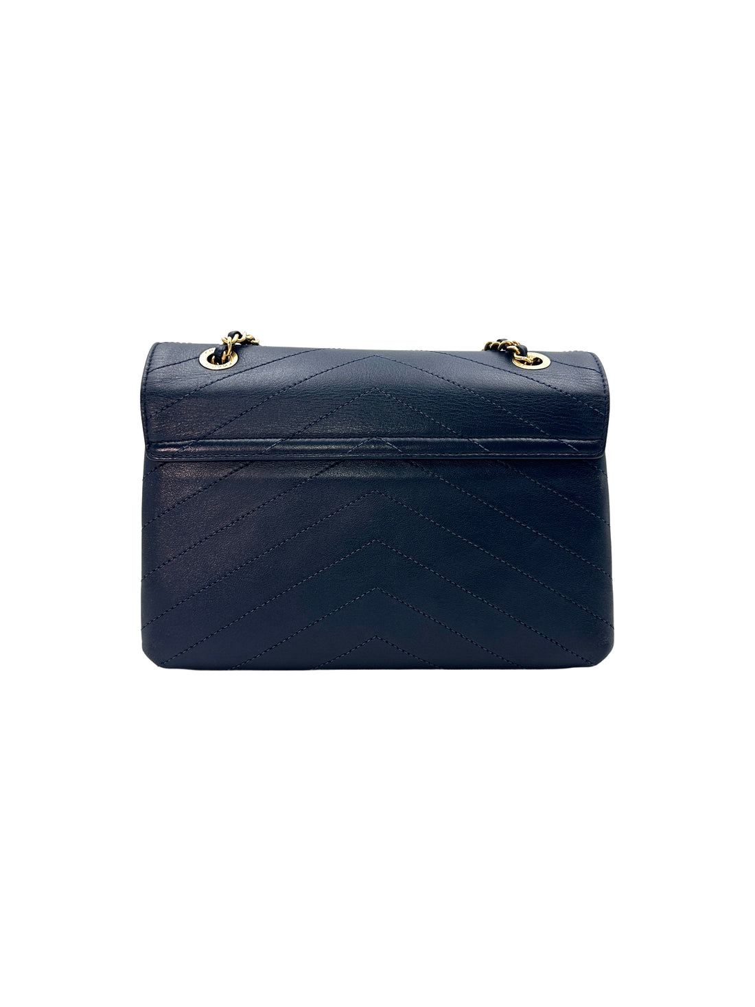 Chanel Navy Blue Classic Chevron Calfskin Leather Flap Crossbody Bag With Gold Hardware(25***88) CC1199