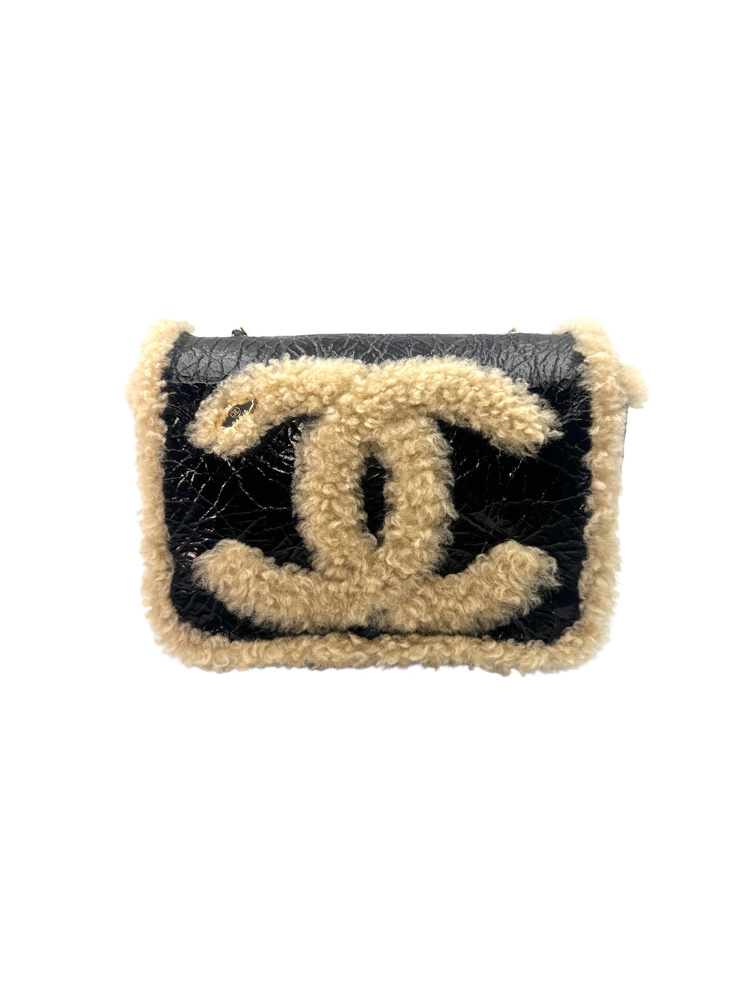 Chanel Black/Beige Shearling CC Mania Lambskin Flap Chain Bag(28***05) CC1204