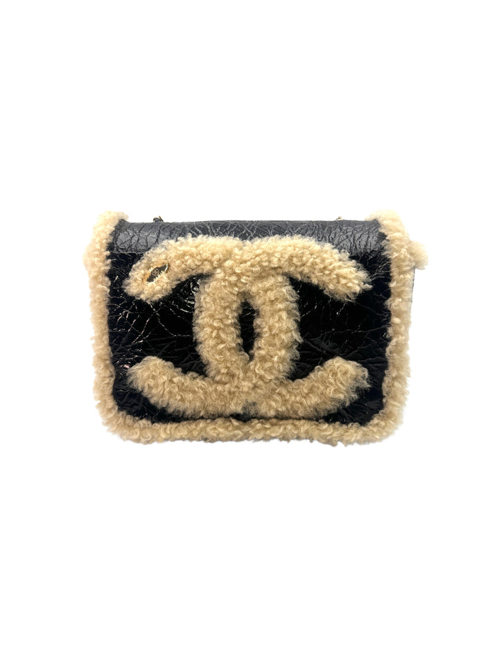 Chanel Black/Beige Shearling CC Mania Lambskin Flap Chain Bag(28***05) CC1204