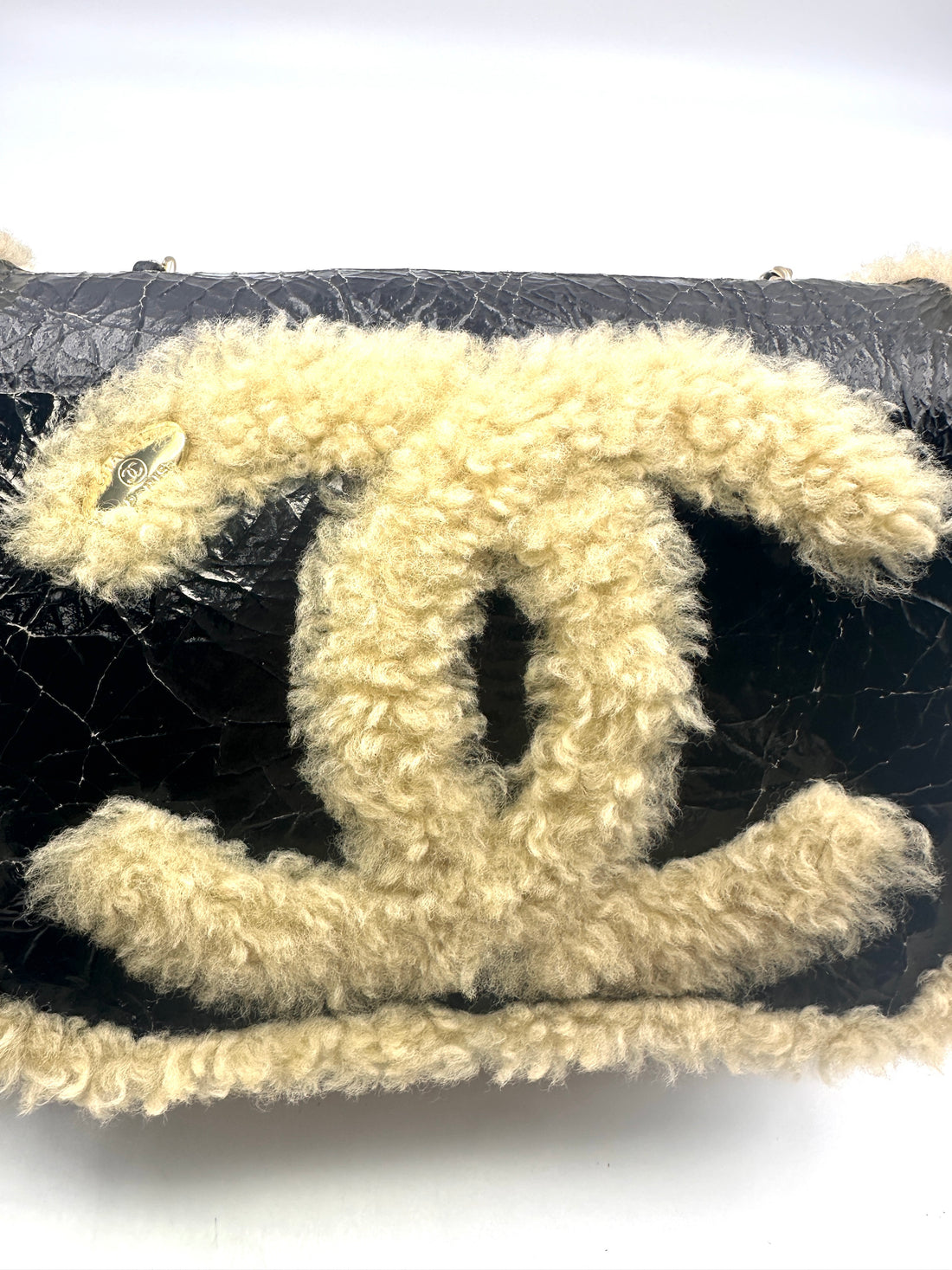 Chanel Black/Beige Shearling CC Mania Lambskin Flap Chain Bag(28***05) CC1204