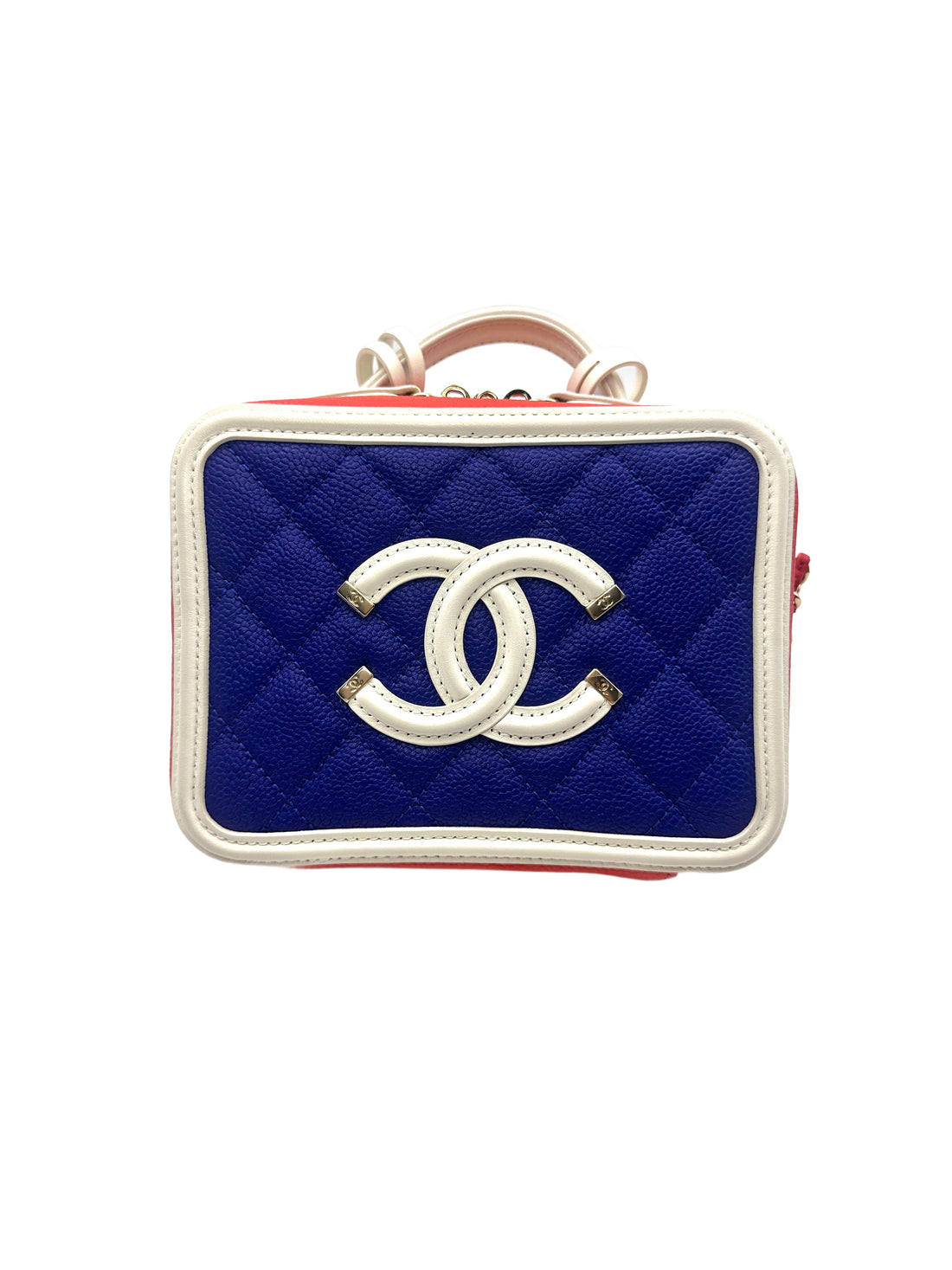 Chanel CC Filigree Blue Red White Quilted Calfskin Leather Vanity Case Handle Bag(27***94) CC1208