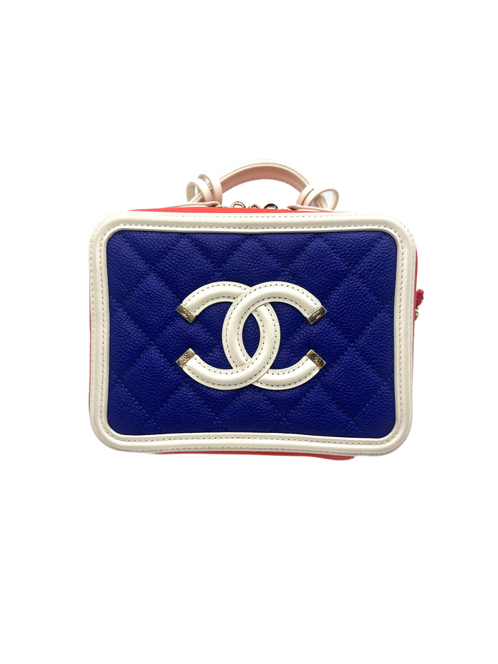 Chanel CC Filigree Blue Red White Quilted Calfskin Leather Vanity Case Handle Bag(27***94) CC1208